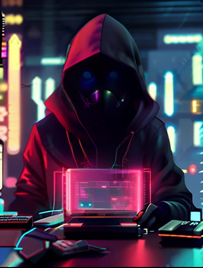 The masked man of Allafede in a hoodie sits at the table,holding laptop, cyberpunk hacker, cyber noir, Cyber style, cyber aesthetic, cyber punk style, beaten tech. neo noir style, hacknaut cyberpunk, hacking, Cyberpunk dude, Cyber background, cyberpunk with neon lighting, has cyberpunk style, Cyberpunk art style, Cyberpunk))), Cyberpunk vibe, cyberpunk based.The hat should be a little rounder,It's more mysterious