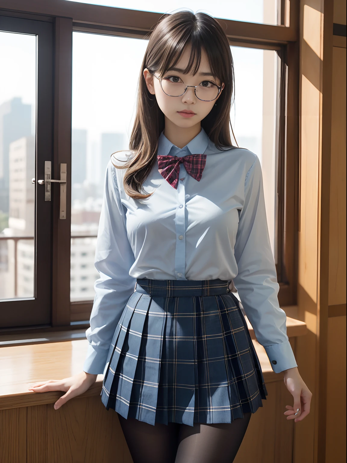 (8K、Raw photography、top-quality、masterpiece:1.2),watching at viewers,Looking at the front,Tie a side ponytail,Let your hair flow to your chest,Bullish,Muchimuchi,Erotic,Pupils,Light Blue Bra,de pele branca,kne,(Black pantyhose),absurderes,a small face,small tits,flat breast,Parting the bangs from the middle、Forehead visible,(a cold expression,Tight eyes,glares,Bullish,skinny,Rasping,irate)、masterpiece,top-quality、超A high resolution,Raw photo,ren,Beautiful fece,One Person, 独奏,eye glass,,Dark look,Small breasts,fullllbody,Round glasses、cute little、Back to Student,JK school uniform,hi-school girl,A Japanese Lady,is standing,(Photorealsitic:1.37)、Photon mapping,Realistic、Cute little face,Brown-eyed、Black socks、(Red bow tie)、Radio City、Physically Based Rendering、Foreground、depth of fields、Blurry background、a picture,The girls、Body,beauty legs, Long legs, Thin leg,Tie your hair into one strand on your chest,(Bangs are visible), hair, s lips, Blue_The eye, nosesoft,(Light blue shirt), (Navy and blue and white plaid pleated skirt), Knees are visible,Sheer clothing,, Thigh, Black cotton socks,Nogizaka Idol, 女優, Japanese ido