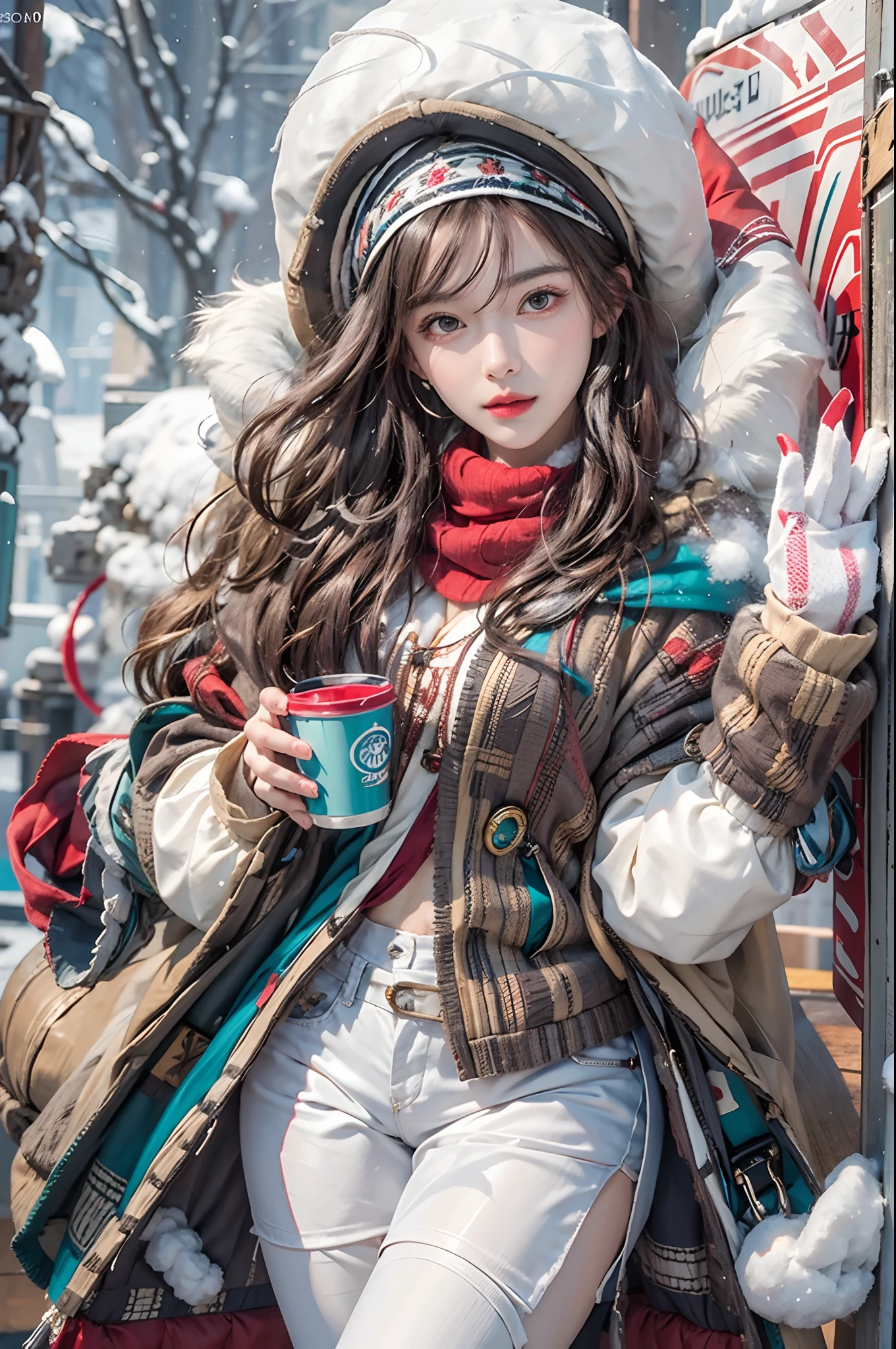 photorealistic, high resolution, 1women, solo, hips up, look at viewer, (detailed face), colorful winter clothes, snow