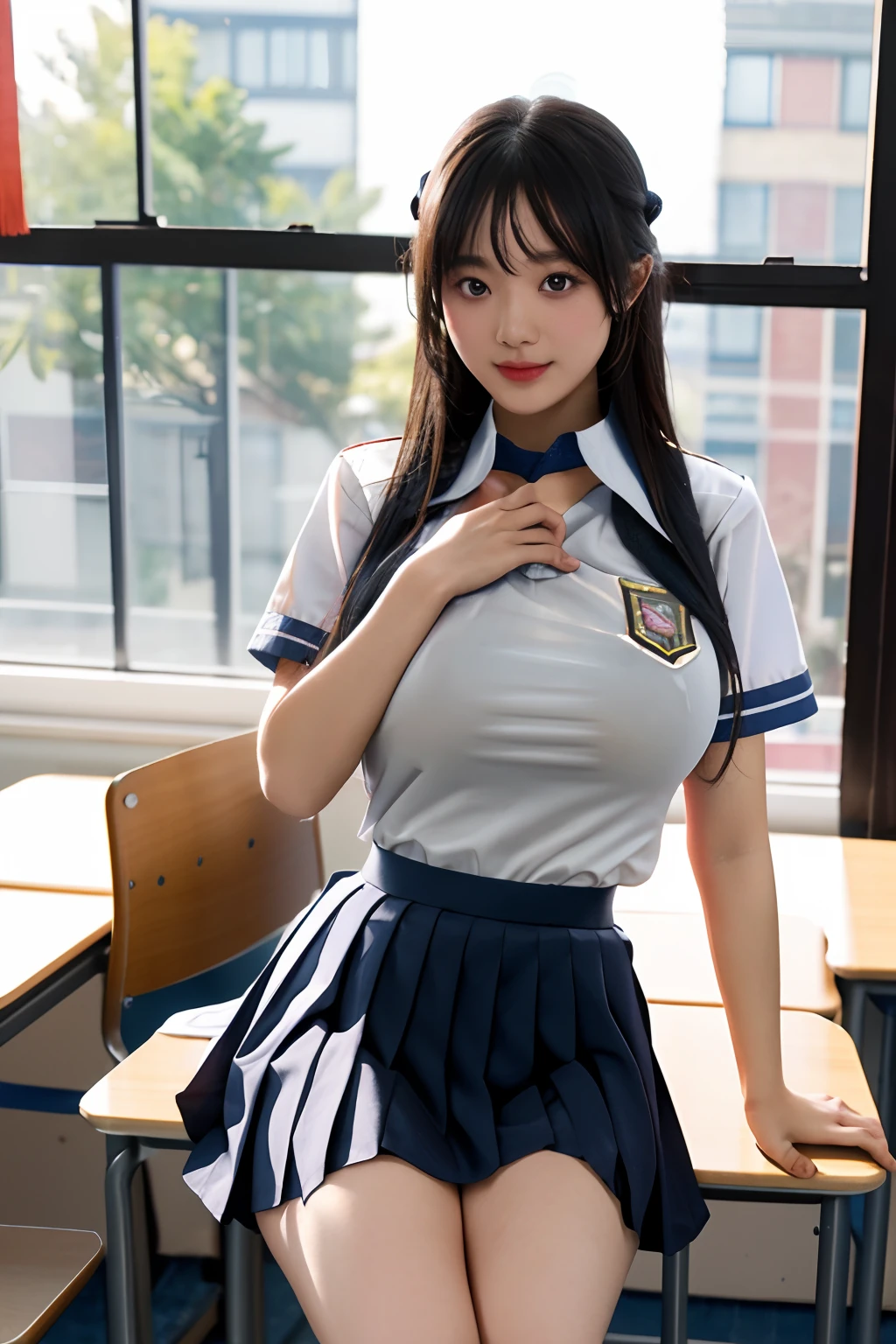 （A little **** ***********），（Immature Slightly thin face），（Super swollen: Exaggerated scale: Swelling, Huge chest，super gigantic breasts），（Full clothing supported by breasts），（Full-bodied clothing supported by breasts），long whitr hair，（Wear a tight Chinese white transparent school uniform,Superskirt），Superskirt，Waist less school shirt，Low neck uniform，The collar looks through the school uniform to see the bra，Many people's classroom background, sit on chair，Pose，Do difficult moves，Adopt a variety of sports positions，Pure temperament，ssmile，perfect  eyes, perfect hand，超高分辨率, Movie Angle, Professional lighting, best qualtiy, tmasterpiece, Perfect focus，Background bokeh，realisticlying，Ultra-high ress fabric texture，8k eye details，8K pupils，