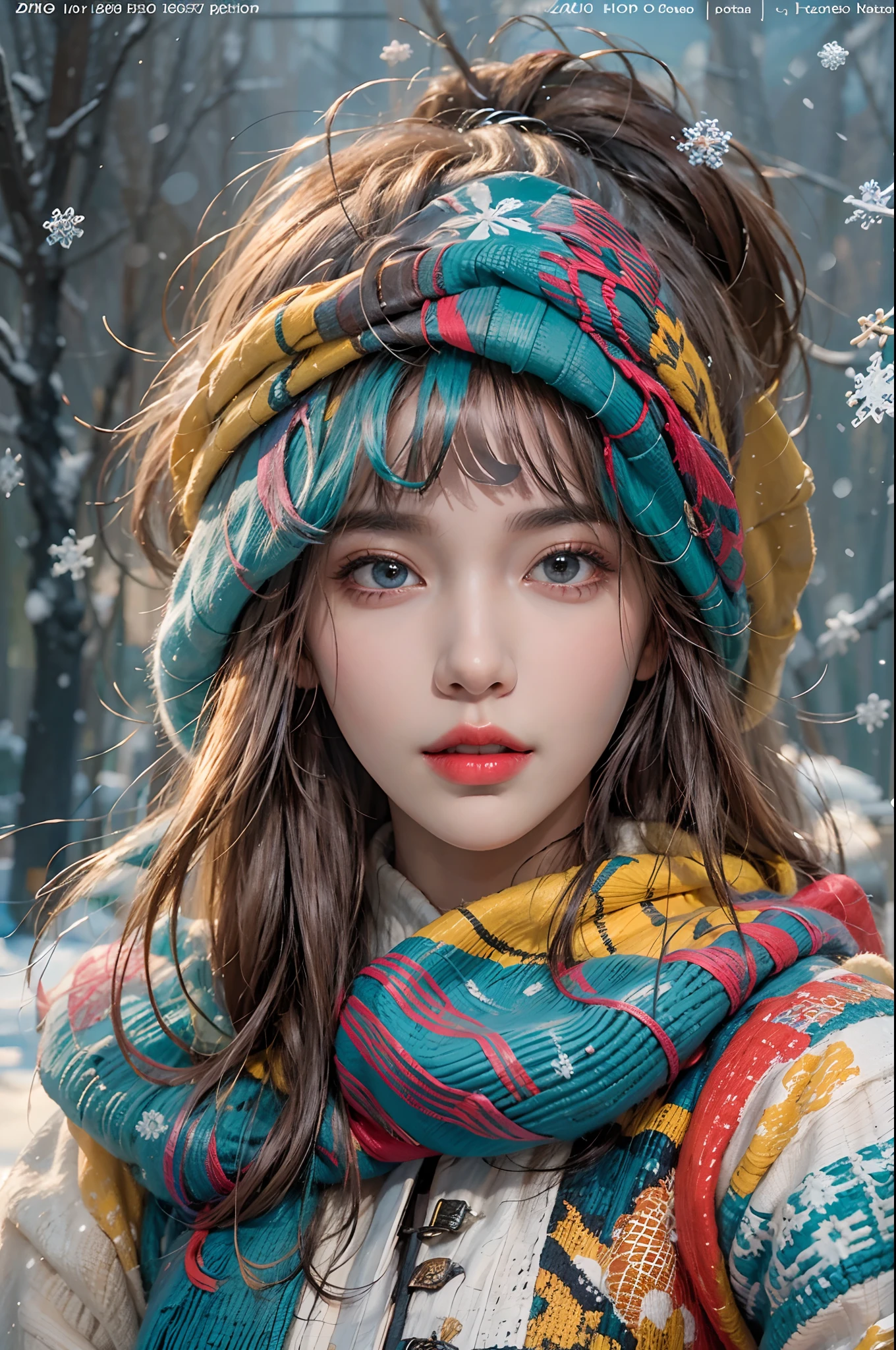 photorealistic, high resolution, 1women, solo, hips up, look at viewer, (detailed face), colorful winter clothes, snow