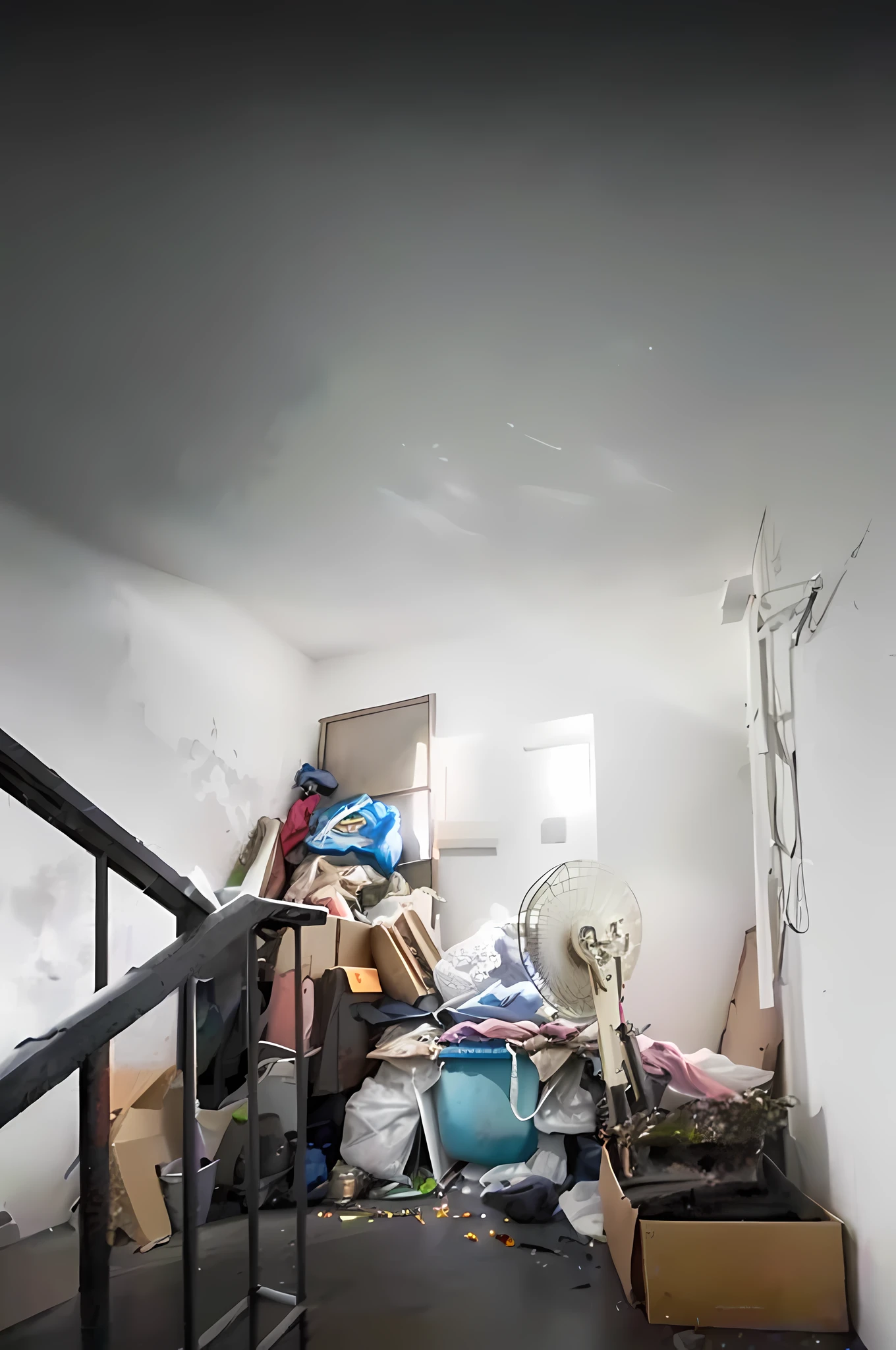 Works of masters,hyperrealistic photo,ultra HD wallpaper,Apartment hallway,Wires on the walls,Stair handrails,the ground,broom,cardboard boxes,Plastic basin((3D super-precise modeling)),Old vertical electric fan((Ultra-fine close-up)),Get close to the shot,plastic bag,All kinds of waste products((super exquisite details)),plethora of colors,Scene detail is extreme,lightand shade contrast,Anti-aliasing, Error details are smoothed, RAW photogr, imagem hiperrealista, Unreal Engine 4, 8K, ultra-clear, Detailed colors, Extremely high scene detail, shadowing, Anti – Aliasing, Error details are smoothed, RAW photogr, Surreal Photo, Unreal Engine 4.8K,Super sharp,3D modeling of the straw shed pavilion,Objects with extremely high scene detail,(8K,RAW photos,best qualtiy,tmasterpiece:1.2),(realisticlying,photographrealistic:1.37),Model shooting style,(Very detailed CG unified 8k wallpaper)Trends on ArtStation,Trends on CGSociety,Realistic paintings by Midjourney and the art of Greg Rutkowski,Scene details extreme objects,Error details are smoothed