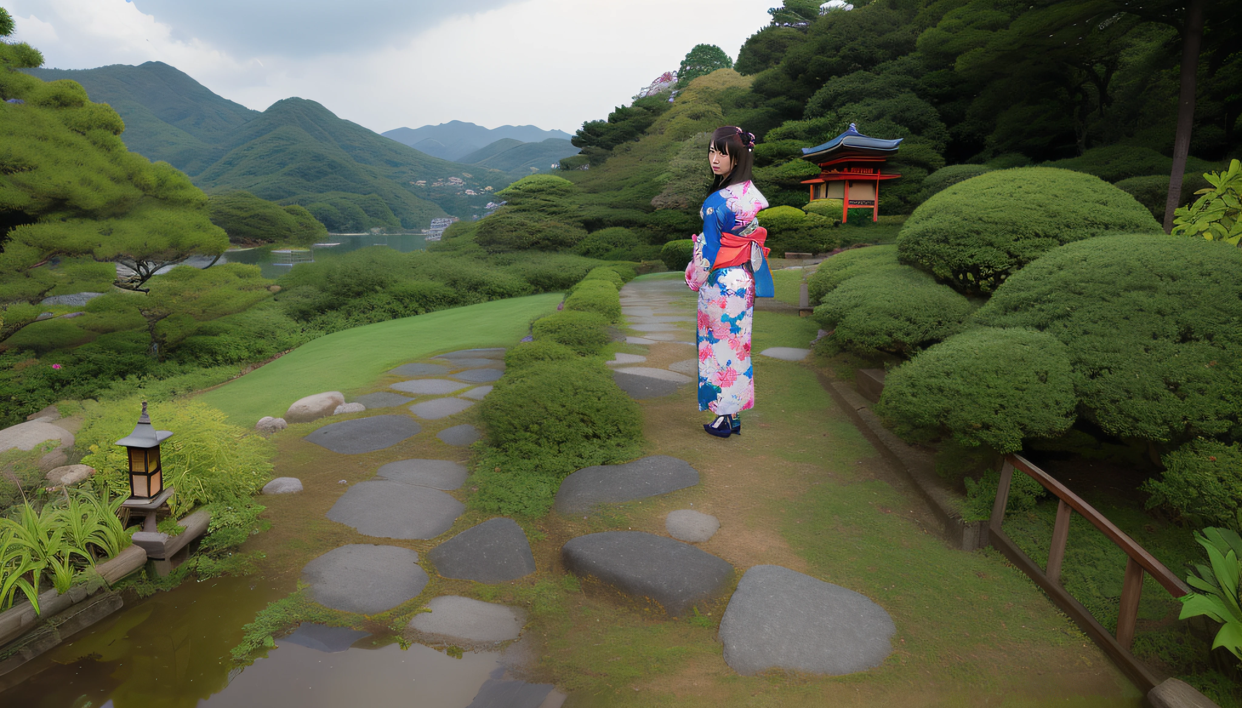 Photograph of a woman in a kimono standing in a garden, wearing a kimono, wearing kimono, wearing a colorful yukata, japanese garden, zen garden, photography, wooden bridge, lake, bridge over lake, in kimono, in a kimono, wearing a haori, japanese kimono, kimono, yukata clothing, classic kimono, wearing royal kimono, inspired by akira kurosawa, akira kurosawa films, classy yukata clothing