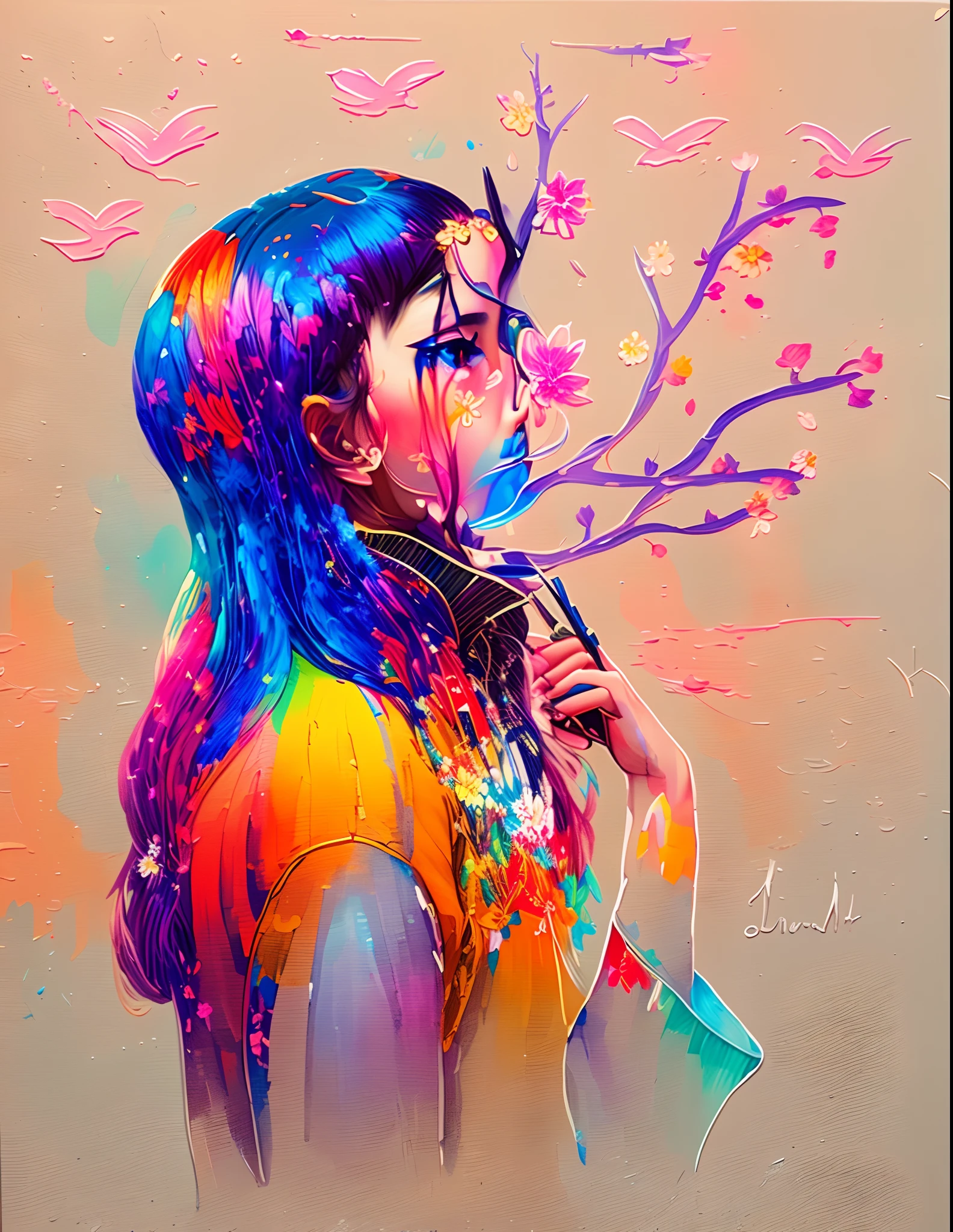 a high detailed Colorful girl flowers painting in the style of japanese art ,, trending on artstation, sharp focus, studio photo, intricate details, highly detailed, by greg rutkowski