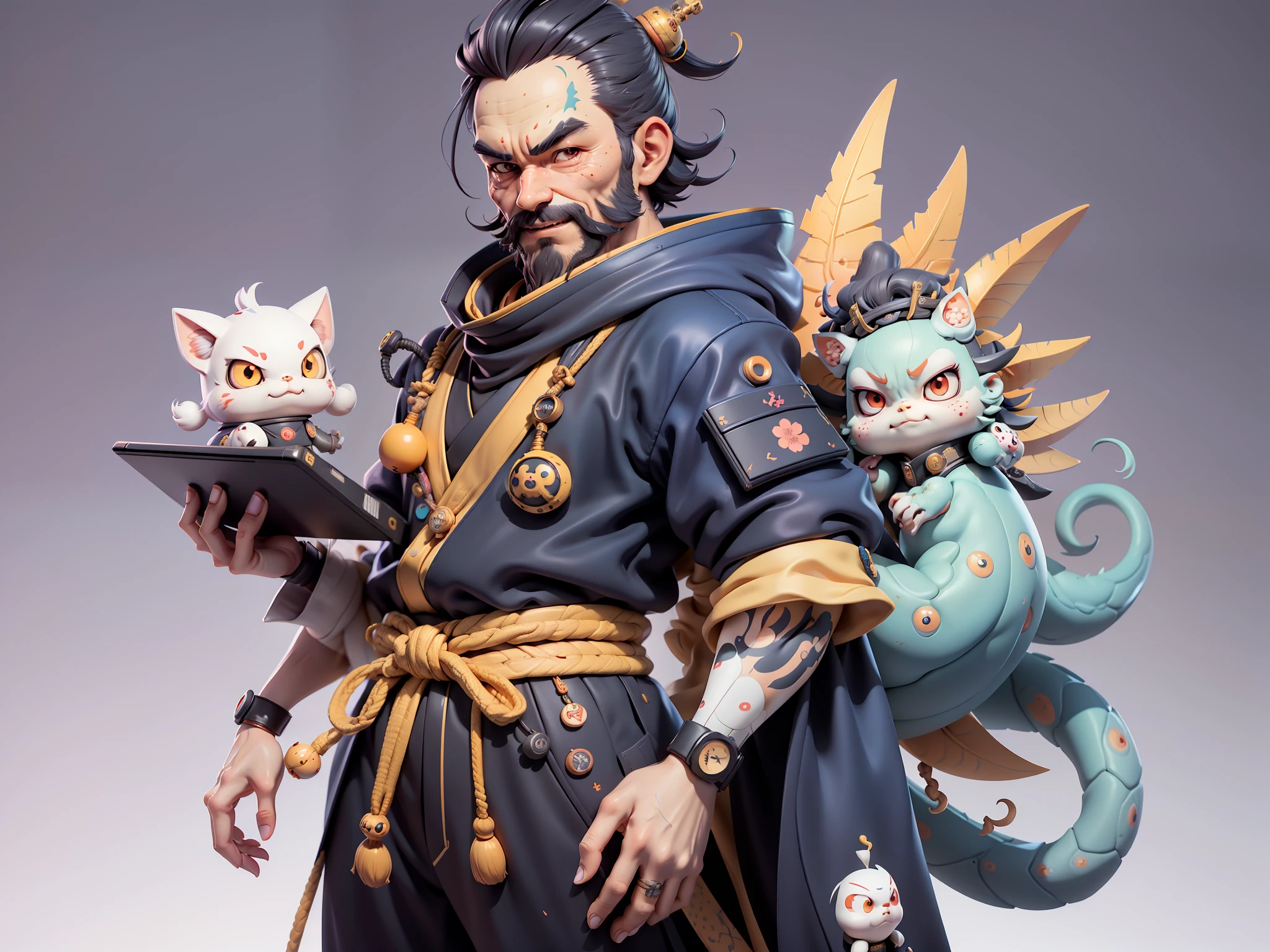 (Daisaku),(Need),(Super meticulous),(full bodyesbian:1.2),Japanese ukiyo-e girl,japanese geisha,Beautiful,Oriental dragon,Aeolian Thor,Raised sexy,爆乳,Oriental face,TV Anchor,Bust portrait illustration,Alone,In black suit,a blue tie,The face is slightly chubby,The face was clean,without a beard,Black super short hair,Black eyes,Smile confidently,3C computer sub-products,iPad, iphone,Digital painting,3D character design by Mark Clairen and Pixar and Hayao Miyazaki and Akira Toriyama,The illustration is a high-definition illustration in 4K resolution,With very detailed facial features and cartoon-style visuals。