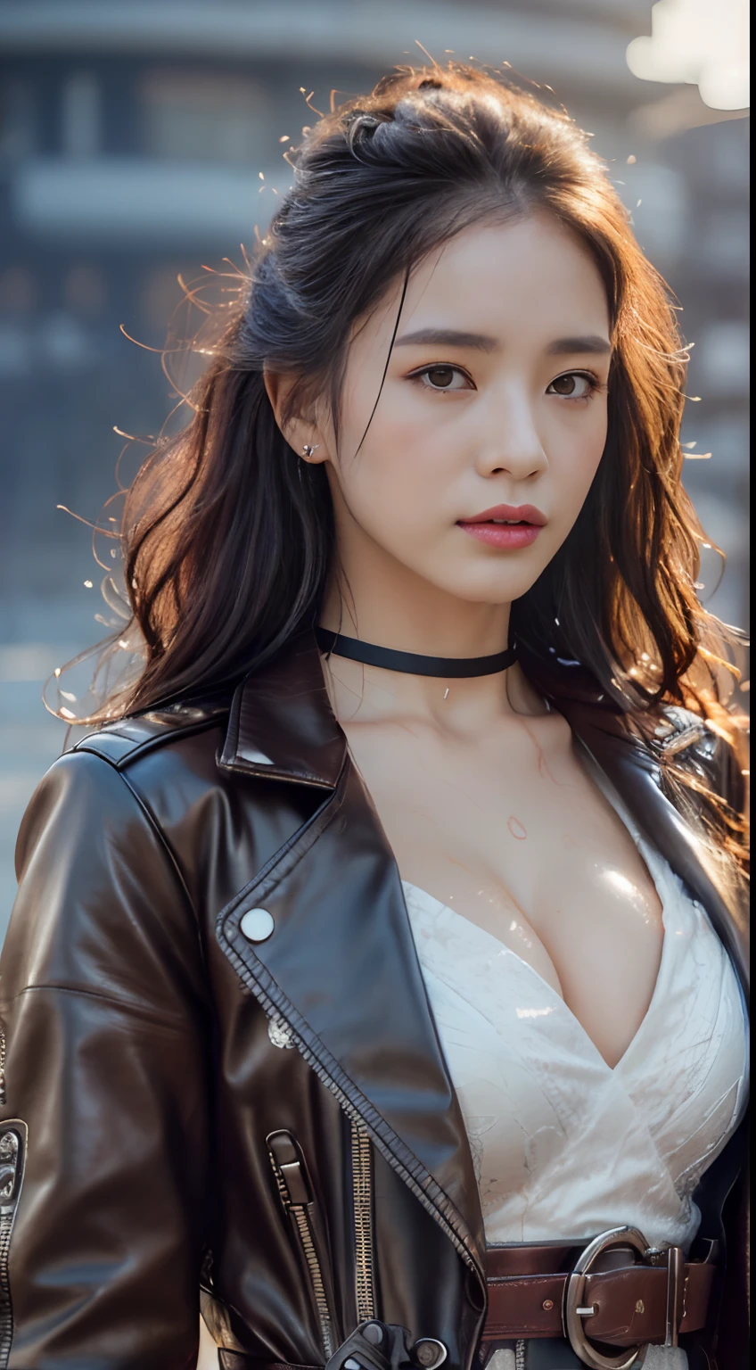 (a detailed portrait RAW photo of a gorgeous beautiful ((Finnish)) , Realistic, Solo, Front view,POV,looking in camera, Flirting with the camera, (masutepiece),(Photorealistic:1.3), NFSW, Ultra-detailed, (High detailed skin:1.2),(Best Quality:1.0), (超A high resolution:1.0),(by samdoesart, Antonio J. Manzanedo), Fit, Back Light, the golden hour, Petite, Choker, slim, Choker, Beautiful, Wearing a stylish leather jacket with intricate gears and goggles, For voluminous, updated and styled hair、Gear and cogs as accessories, Accessorized with leather gloves and a utility belt with various gadgets, Posing with one foot on the edge of an airship, looking off into the distance, Captured from an above view angle, The scene set in a steampunk-inspired sky filled with floating islands and mechanical contraptions.Best Quality, 4K, masutepiece :1.3), prety woman, 1girl in, (v neck,cleavage of the breast,huge tit, Sensual body lines,Feminine body line,Attractive body :1.2), Abs :1.1, Silvery hair: 1.1, (rainy wet, Wet from rain, Wet body :1.2), Ultra-detailed face, Detailed lips, Detailed eyes, 二重まぶた