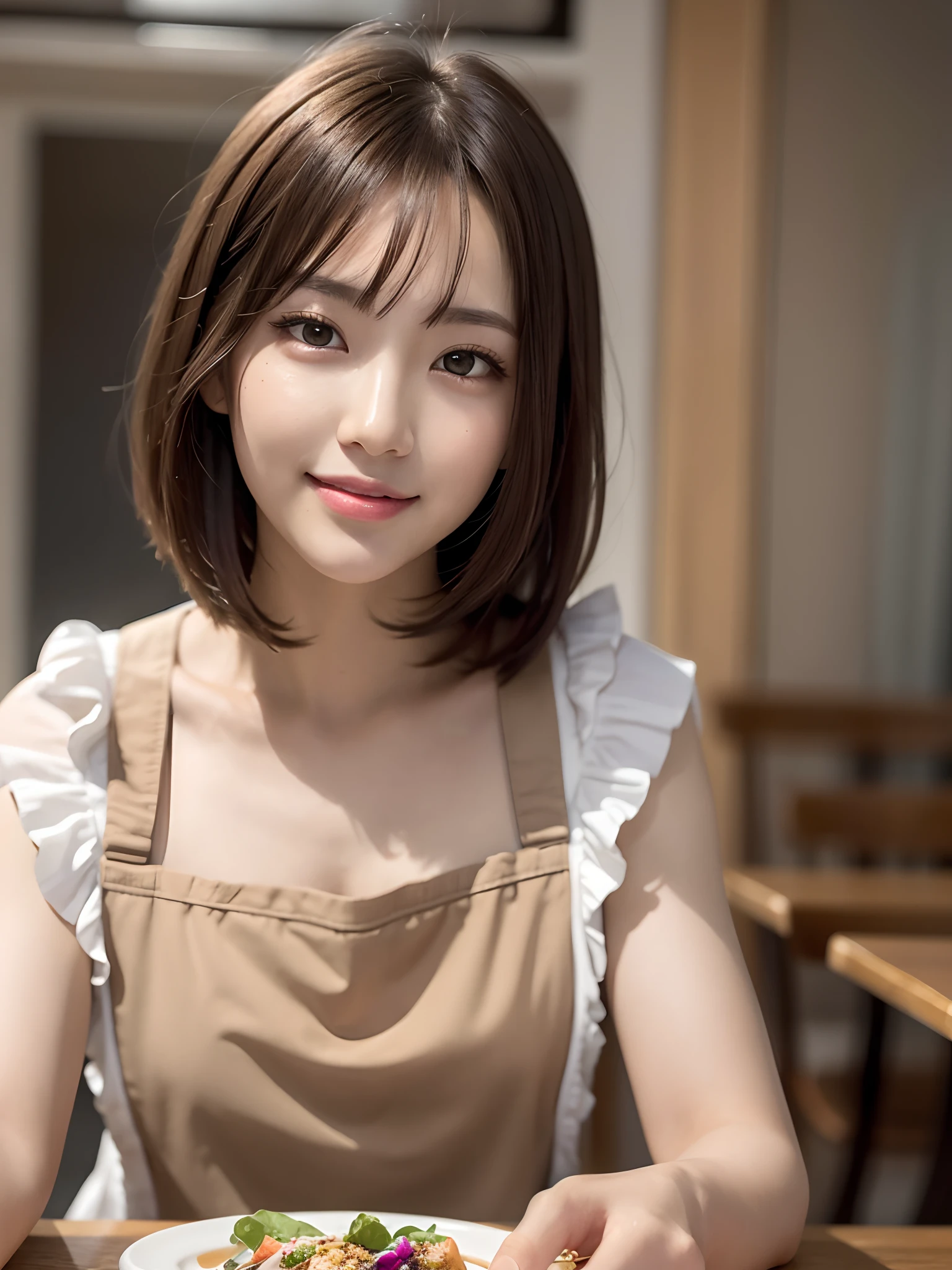 product quality, 1 girl per 1 photo, upper body shot, front view, a Japanese young pretty girl, long bob hair, wearing a marriage ring, wearing a frilled apron over a short sleeves T-shirt, having a breakfast with a big smile in a dinning room, a salad and a coffee and toast on a table, hyper cute face, glossy lips, double eyelids for both eyes, natural makeup, shiny smooth light brown hair of long bob hair, asymmetrical bangs, tanned skin, central image, 8K resolution, high detail, detailed hairstyle, detailed face, cinematic lighting, octane rendering, hyper realistic, perfect limbs, perfect anatomy