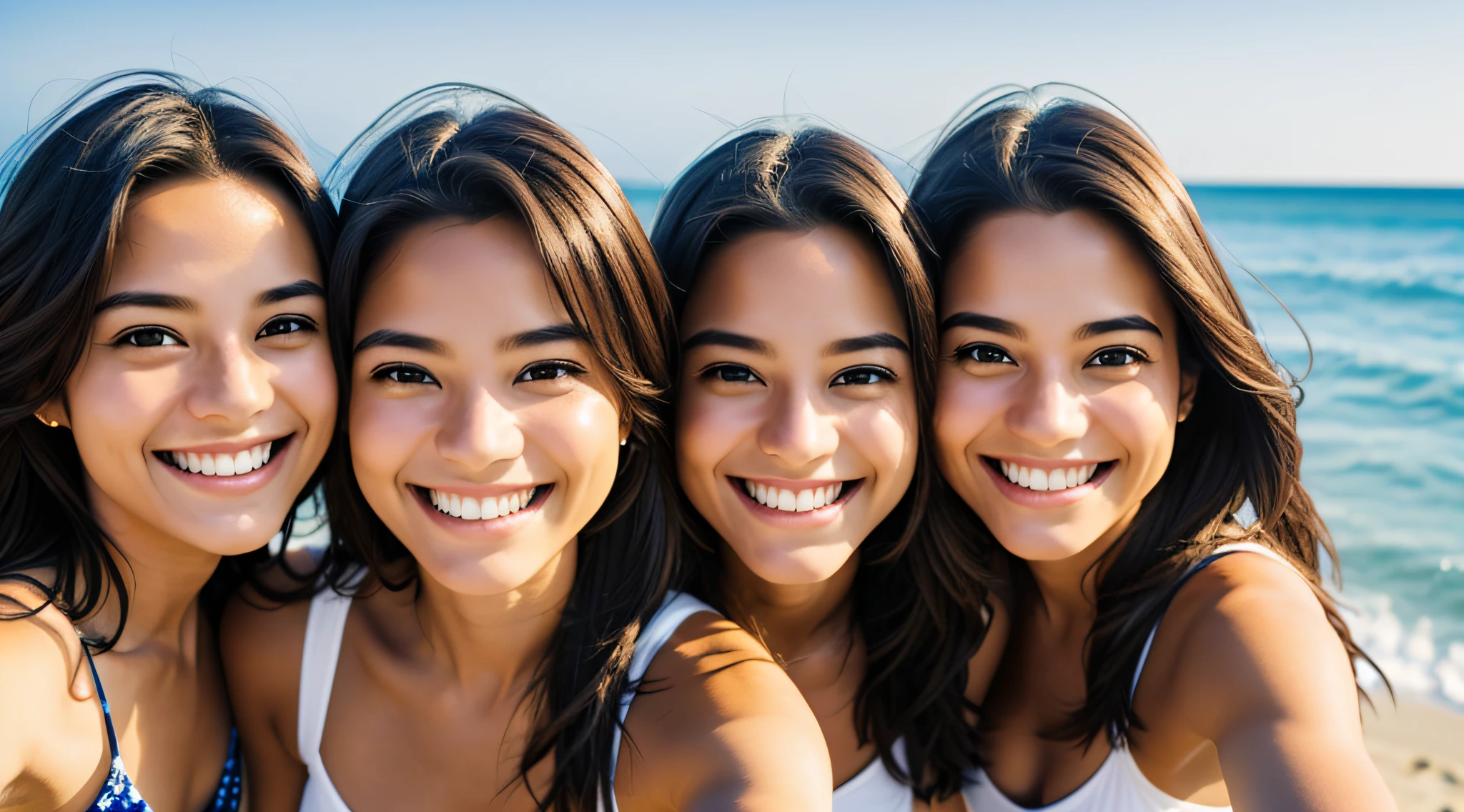 Friends smiling selfie on the beach together, clear photo, ultra realistic --auto