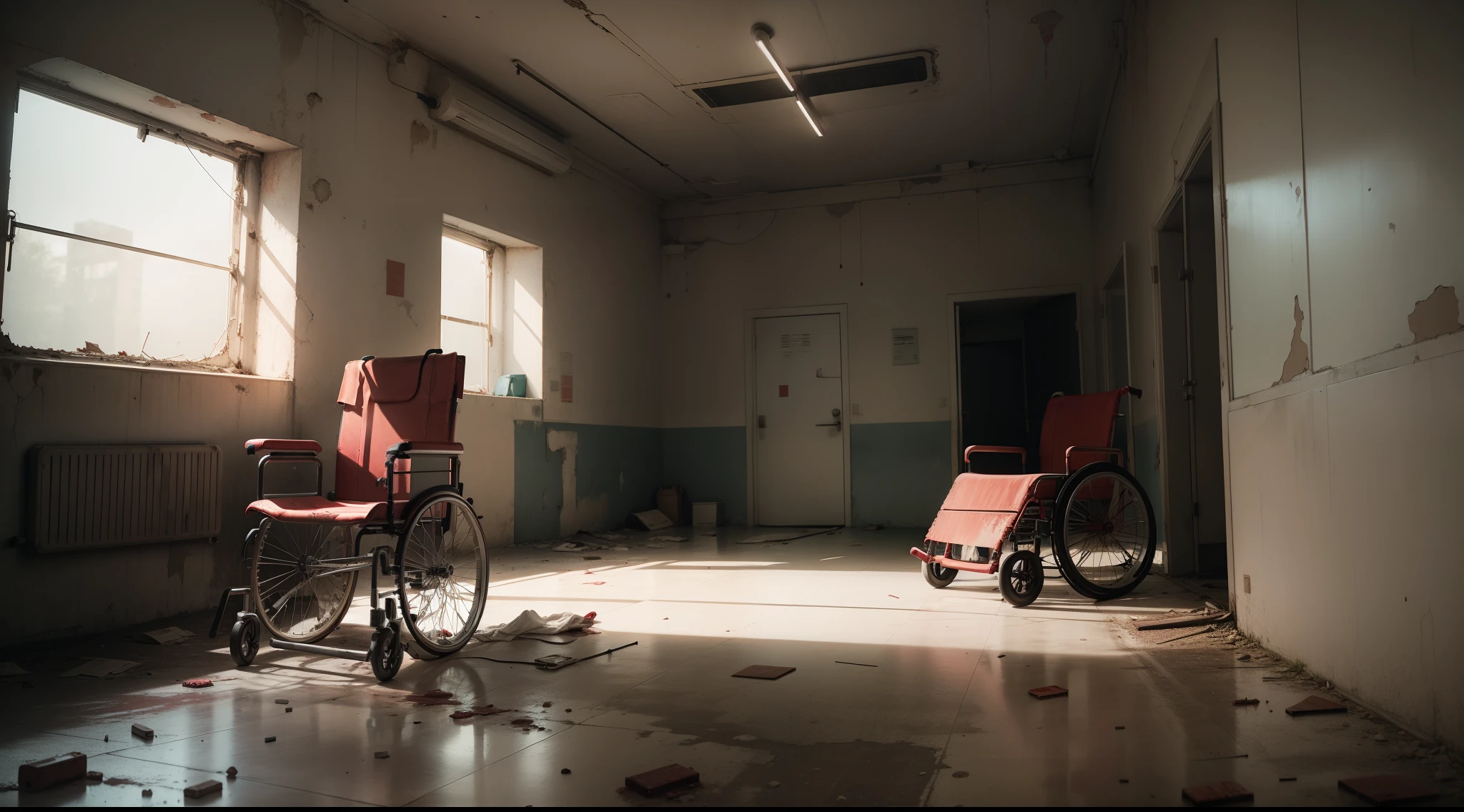 a scary patient in a wheel chair inside an abandoned hospital red