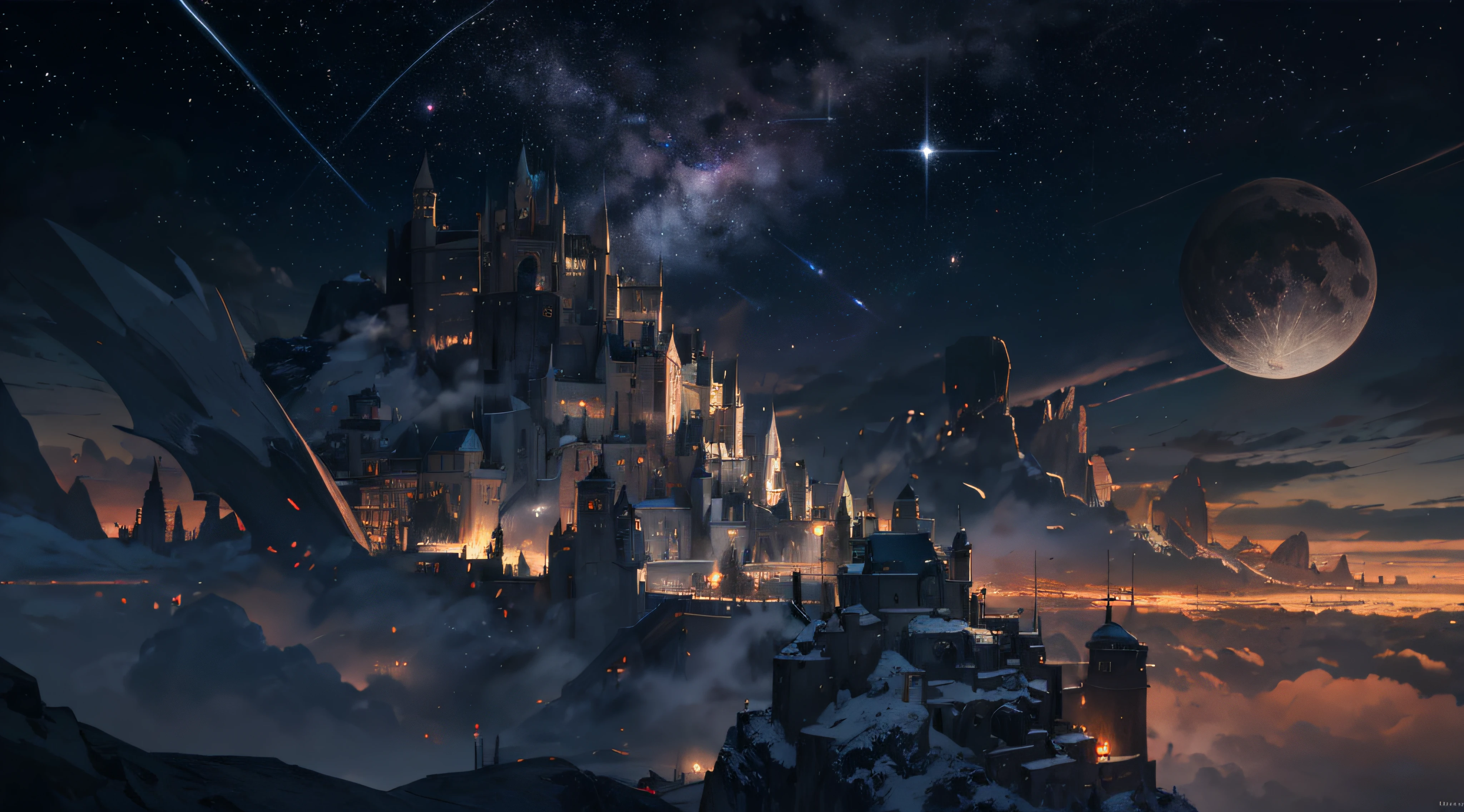 Expansive landscape photograph,(moon full:1.2),(meteors:0.9),(Starcloud:1.3),(Warm light source:1.2),(glowworm:1.2),lamp lights,Lots of purple and orange,Complicated details,Volumetriclighting,Realism BREAK(tmasterpiece:1.2),(best qualtiy),8K,Ultra-detailed,(dynamic compositions:1.4),The is very detailed,Colorful details,(Irridescent color:1.2),(luminouslighting,Atmospheric lighting),dream magical,magical,(独奏:1.2),((best qualtiy)), ((tmasterpiece)), (the detail:1.4),depth of fields,maximum definition and sharpness,perfectly proportions,Fluttering clouds,Wallpapers
