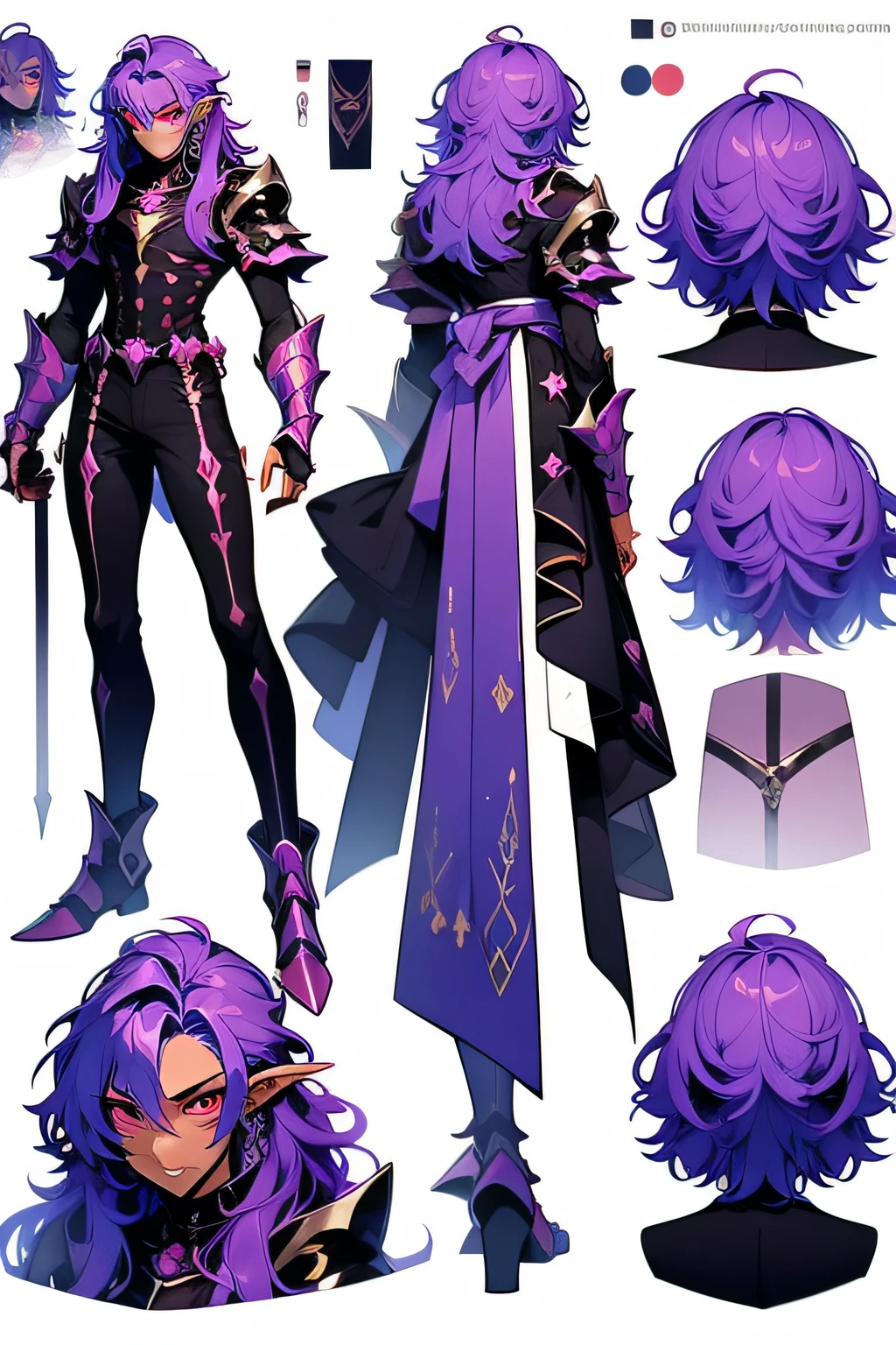 anime, refsheet, anime styled, character design, 2d, knight, male, armor, tall, vampire, long hair, dark skin, evil, purple hair, red eyes