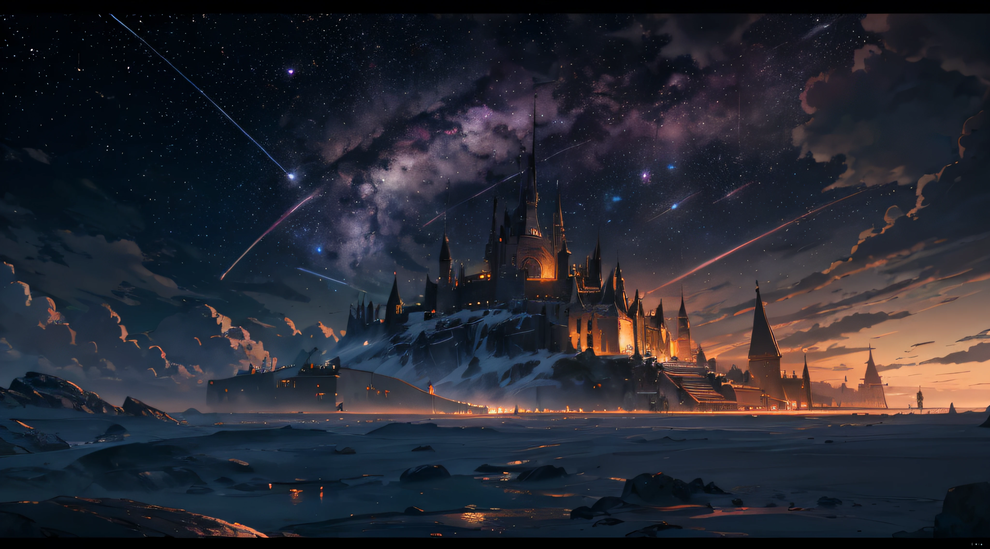 Expansive landscape photograph,(moon full:1.2),(meteors:0.9),(Starcloud:1.3),(Warm light source:1.2),(glowworm:1.2),lamp lights,Lots of purple and orange,Complicated details,Volumetriclighting,Realism BREAK(tmasterpiece:1.2),(best qualtiy),8K,Ultra-detailed,(dynamic compositions:1.4),The is very detailed,Colorful details,(Irridescent color:1.2),(luminouslighting,Atmospheric lighting),dream magical,magical,(独奏:1.2),((best qualtiy)), ((tmasterpiece)), (the detail:1.4),depth of fields,maximum definition and sharpness,perfectly proportions,Fluttering clouds,Wallpapers