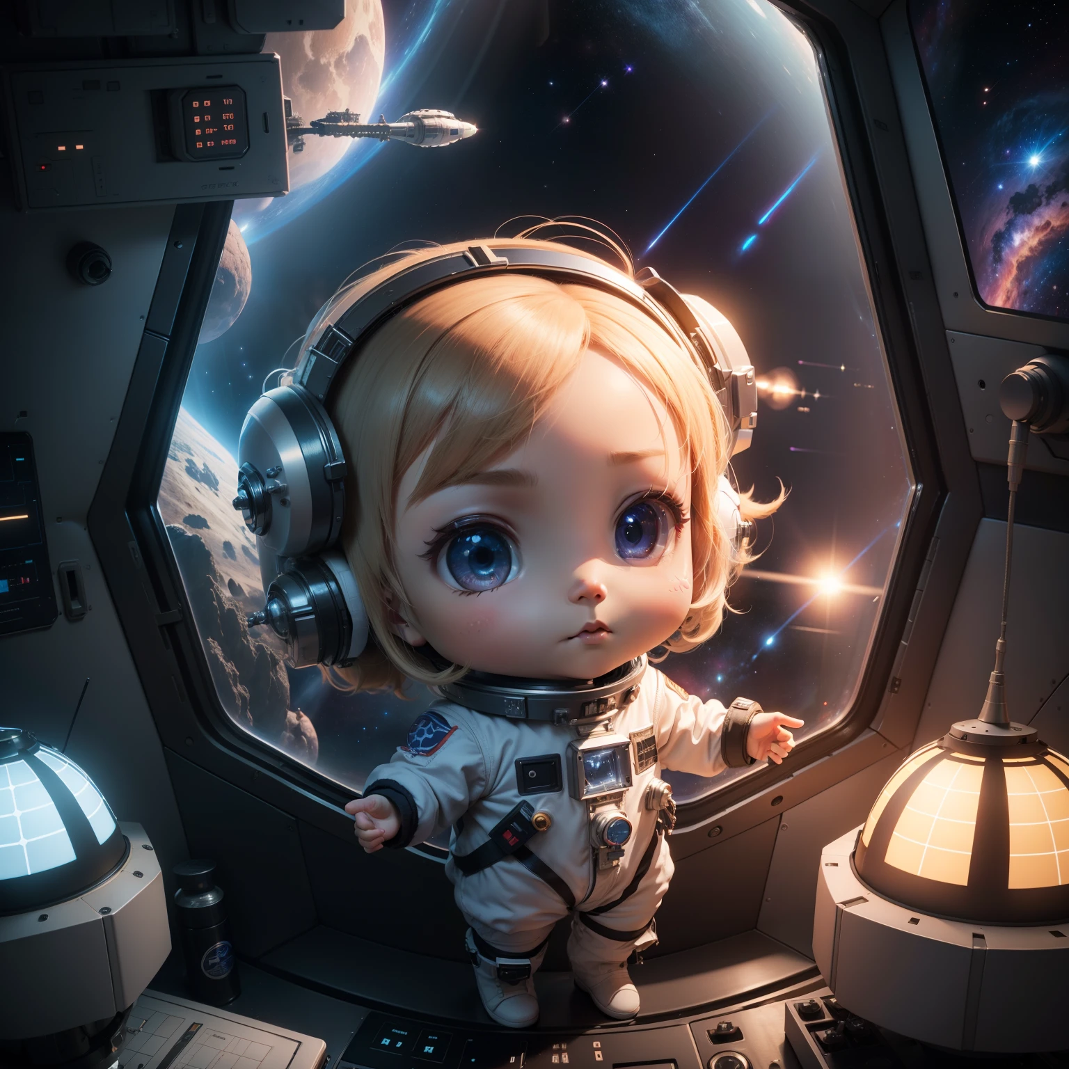 (((Outer Space))) (((chibi3d)))cute and beautiful chibi// in the {control room operation room cockpit} of space station): 1.4, (space station in {universe|outer space}): 1.3, (dark universe outside the window): 1.3, futuristic design, futuristic narrow room, futuristic wall, embedded light, lots of instruments, 1 spaceship and 1 satellite outside window,👨🏼🚀宇宙服をきている。