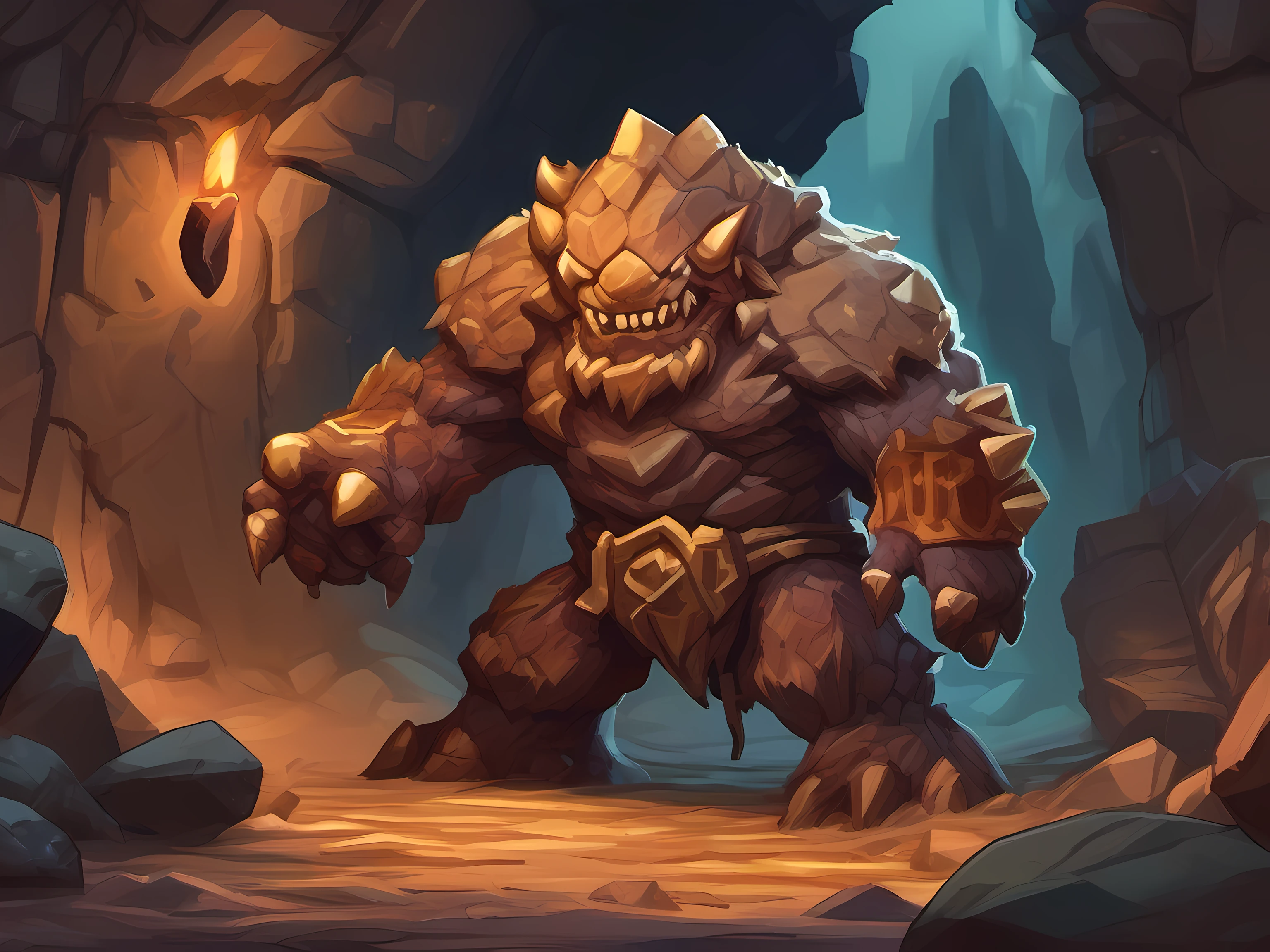 cartoon illustration of a rock elemental rock monster in a dungeon, fantasy rock monster portrait, brown rocky elemental rock monster, fantasy rock enemy, rock monster character art, rock elemental standing, medium portrait of a rock monster, earthy theme, fantasy rock enemy, portrait of a rocky enemy, mobile game art, stylized game art, 2d game art, 2 d game art, digital illustration, dungeon background, high detail, high quality, concept art, character design