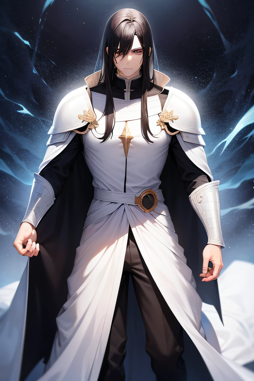 man, tall, white, black hair, magic eyes, blood armor, magic