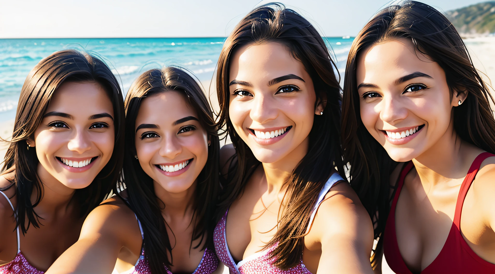 Friends smiling selfie on the beach together, clear photo, ultra realistic --auto