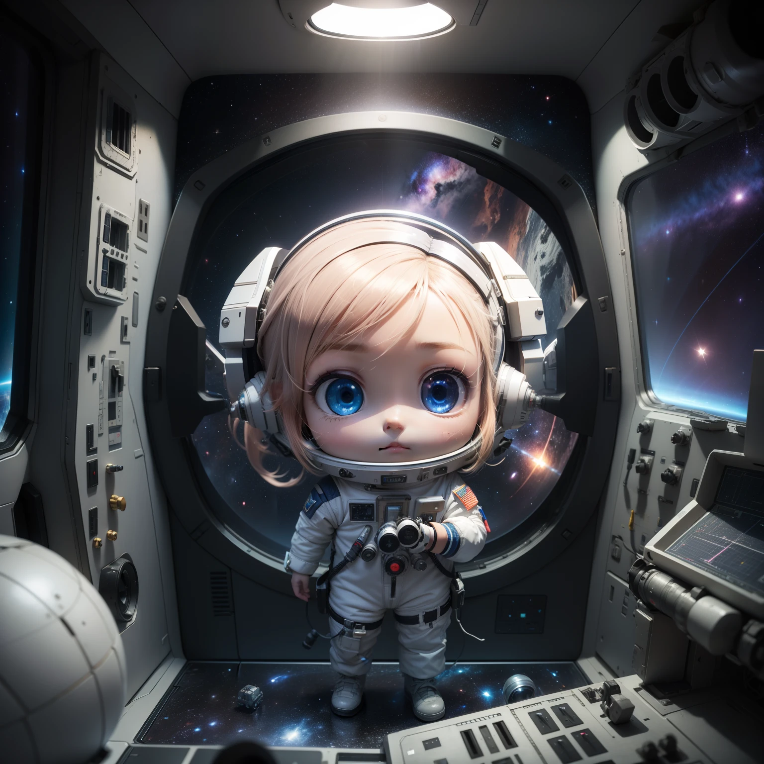 (((Outer Space))) (((chibi3d)))cute and beautiful chibi// in the {control room operation room cockpit} of space station): 1.4, (space station in {universe|outer space}): 1.3, (dark universe outside the window): 1.3, futuristic design, futuristic narrow room, futuristic wall, embedded light, lots of instruments, 1 spaceship and 1 satellite outside window,👨🏼🚀宇宙服をきている。