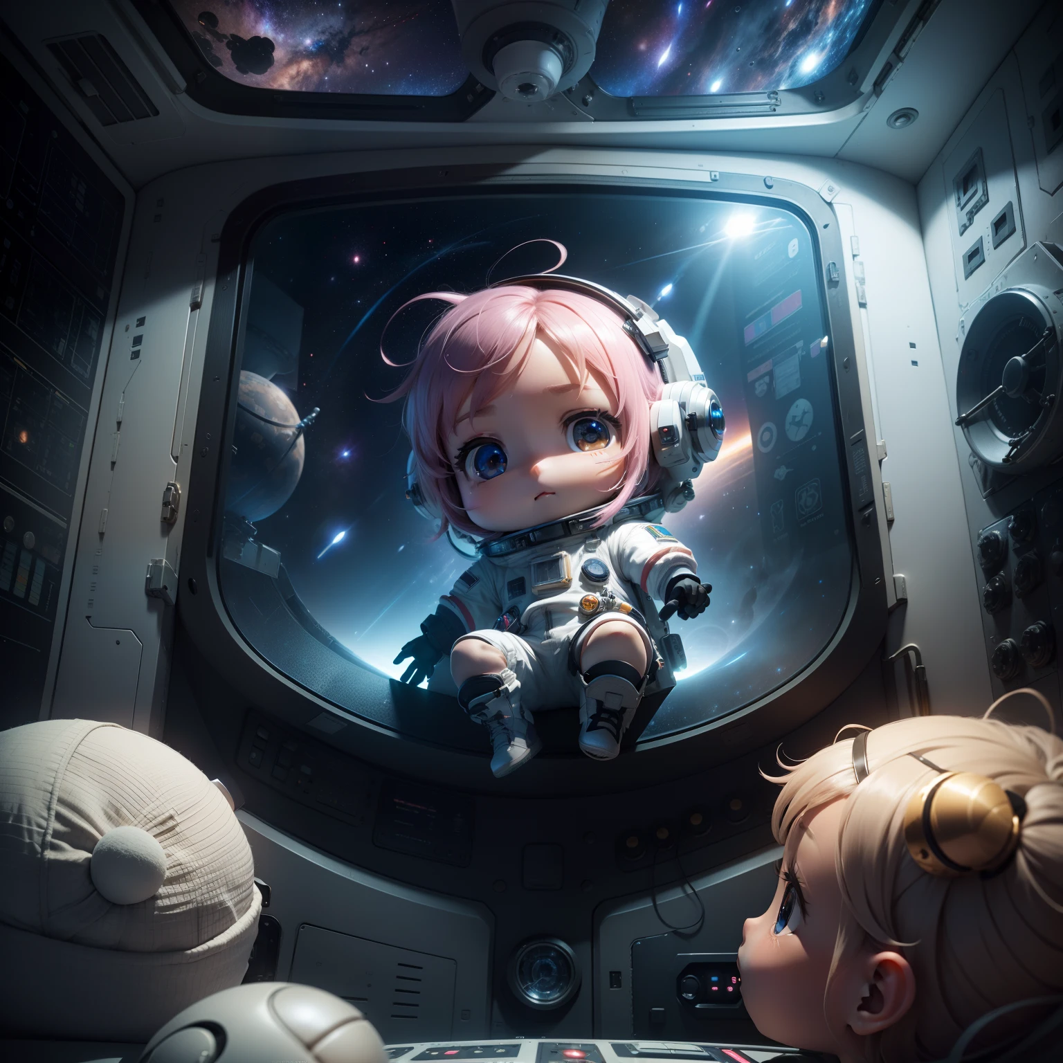 （((Outer space))) (((chibi 3d)))Cute and beautiful Chibi// In the {Control room control room cockpit} of the space station): 1.4, (Space Station {universe|Outer space}): 1.3, (Dark space outside the window): 1.3, futuristic design, Futuristic small room, Futuristic walls, Recessed Lights, Lots of instruments, Outside the window of one spacecraft and one satellite,👨🏼‍🚀宇宙服をきている,Floating,