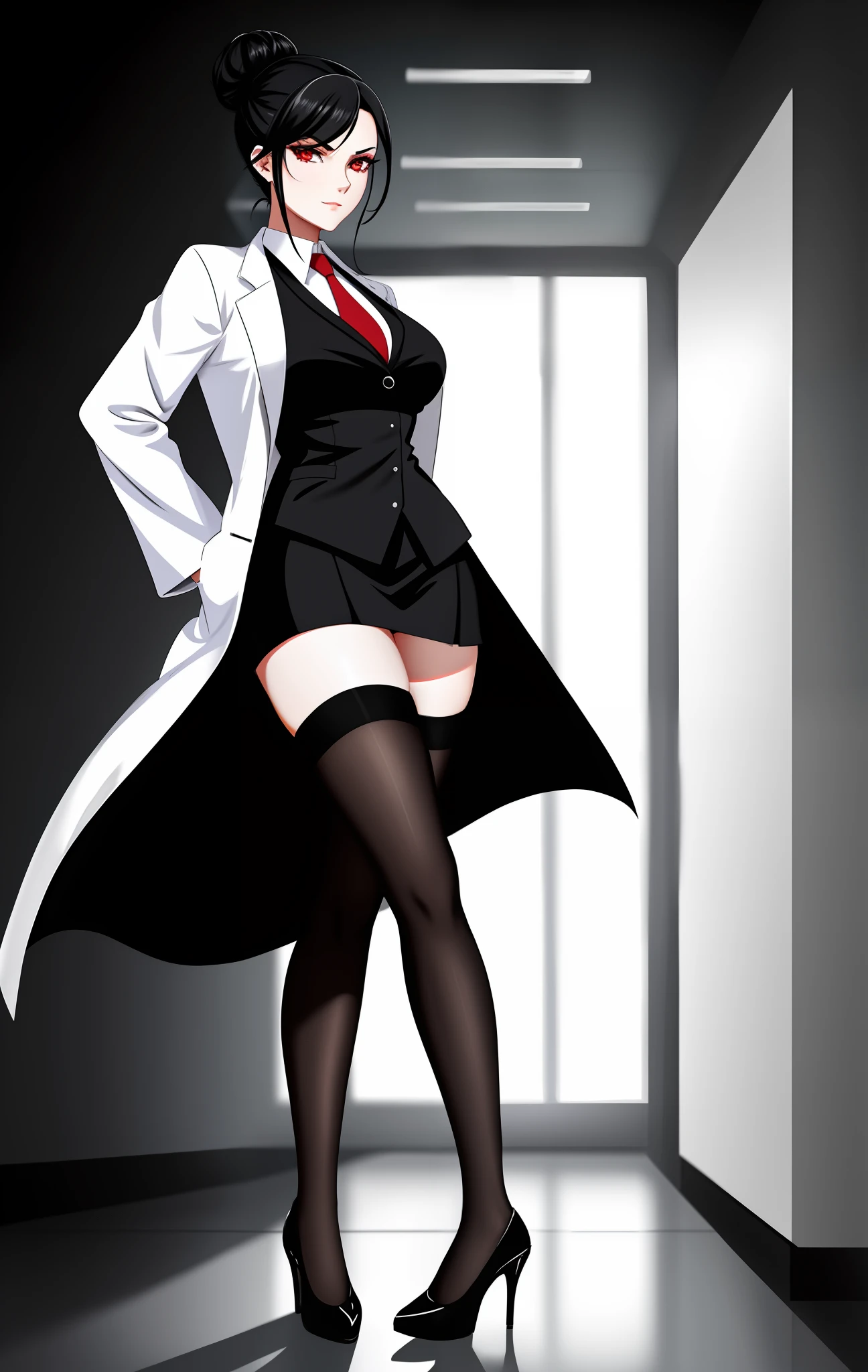 woman with black hair bun, wearing an open lab coat, short skirt with thigh-high stockings, high heels, evil look, wearing black gloves, scientist