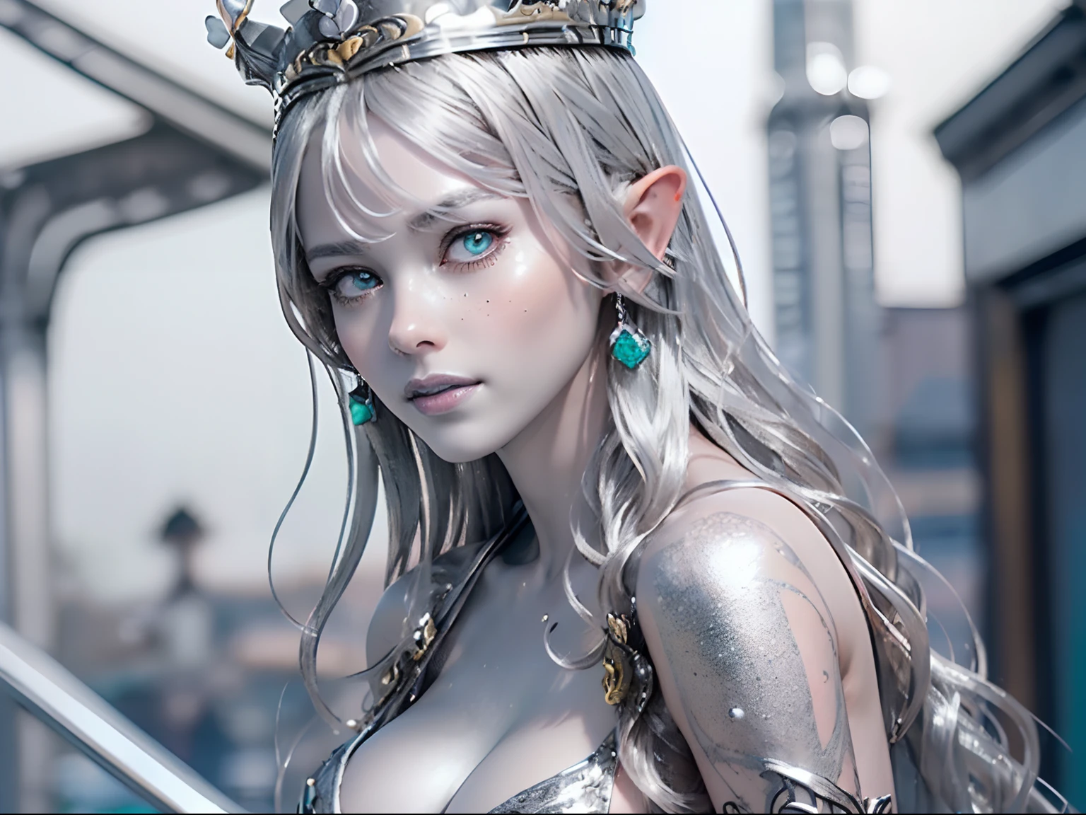 Ultra-detailed complex 3D rendering of the face, (masterpiece, top quality, octane rendering,), glamour shots full body image, very beautiful young elves, cleavage, (highly detailed skin: 1.2), (exposure: 1.1), ((blue micro bikini: 1.95)))). , 8k, (((very soft breasts)), (((conspicuous large pink areola)), beautiful Caucasian woman with white skin with full soft breasts with big buttocks, one, long braided hair, big breasts, dynamic angles, (((huge breasts: 2.4)), ultra-realistic photos, ((((((silver hair)))), futuristic urban background, facial muscles, (((((detailed and glamorous silver crown)))), In the style of Marvel Comics, ArtStation Trends, Clear Focus, Intricate Details, Very Detailed, Detailed Green Eyes, Sharp Focus, Digital Rendering, Professional, Abs, Lip Gloss, Glossy Skin, Sexy Pose, Golden Tattoo All Over Body, Silver Pattern All Over Body, Silver Lame Skin, Gold Glitter Skin, Mansuji, Buttocks, Jeweled All Over the Body, with silver scales, silver hair,