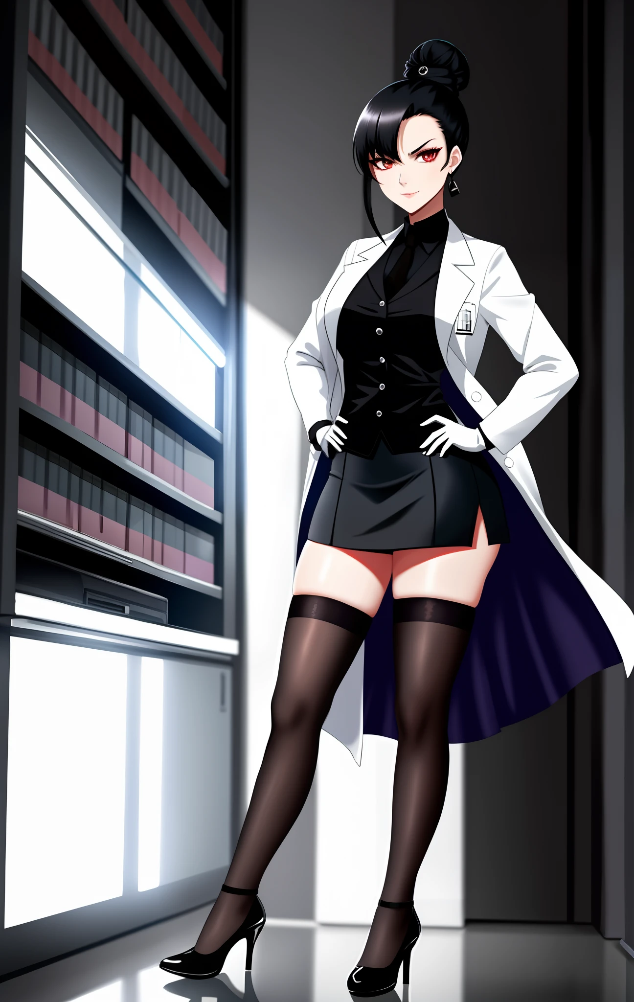 woman with black hair bun, wearing an open lab coat, short skirt with thigh-high stockings, high heels, evil look, wearing black gloves, scientist