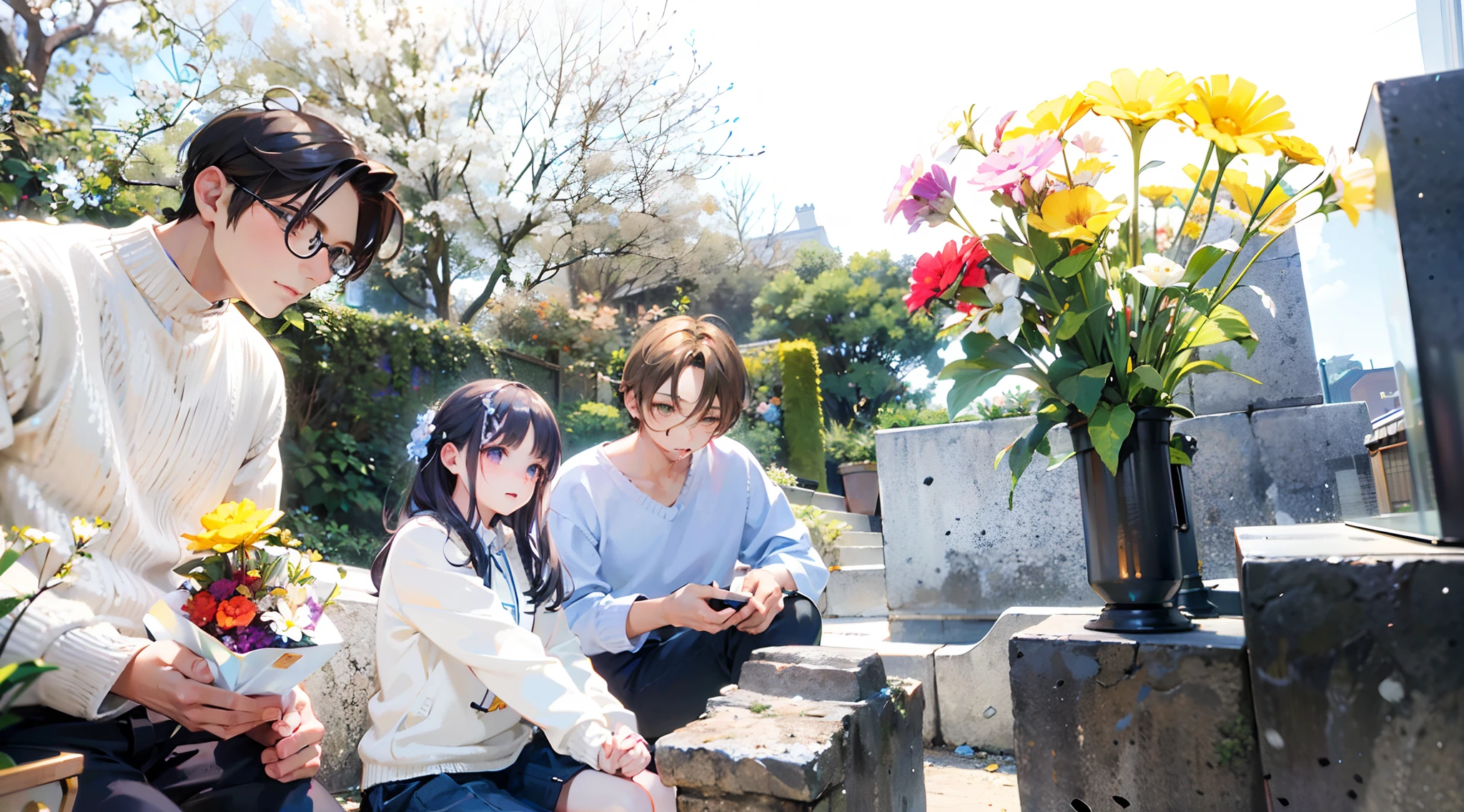 (Masterpiece, top quality, super detailed CG, ultra detailed beautiful face and eyes,super detailed, intricate details:1.2), 8k wallpapers, elaborate features,
(1 person, solo:1.4)perfect cartoon illustration、There are two people sitting on a bench with flowers blooming in front of me, Mourning family, japanese related with flowers, 278122496, Heartwarming, Family, 2506921471, flowers around, beautiful image, by Kiyohara Tama, interesting angle, 4262862863