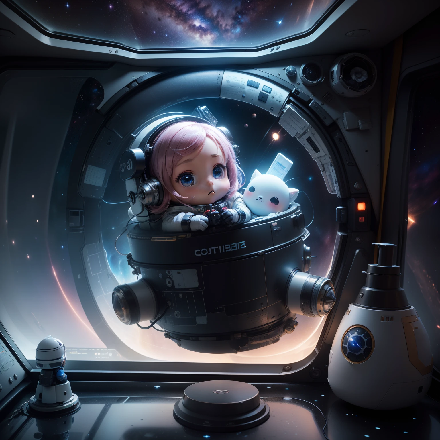 （((Outer space))) (((chibi 3d)))Cute and beautiful Chibi// In the {Control room control room cockpit} of the space station): 1.4, (Space Station {universe|Outer space}): 1.3, (Dark space outside the window): 1.3, futuristic design, Futuristic small room, Futuristic walls, Recessed Lights, Lots of instruments, Outside the window of one spacecraft and one satellite,👨🏼‍🚀宇宙服をきている,Floating,