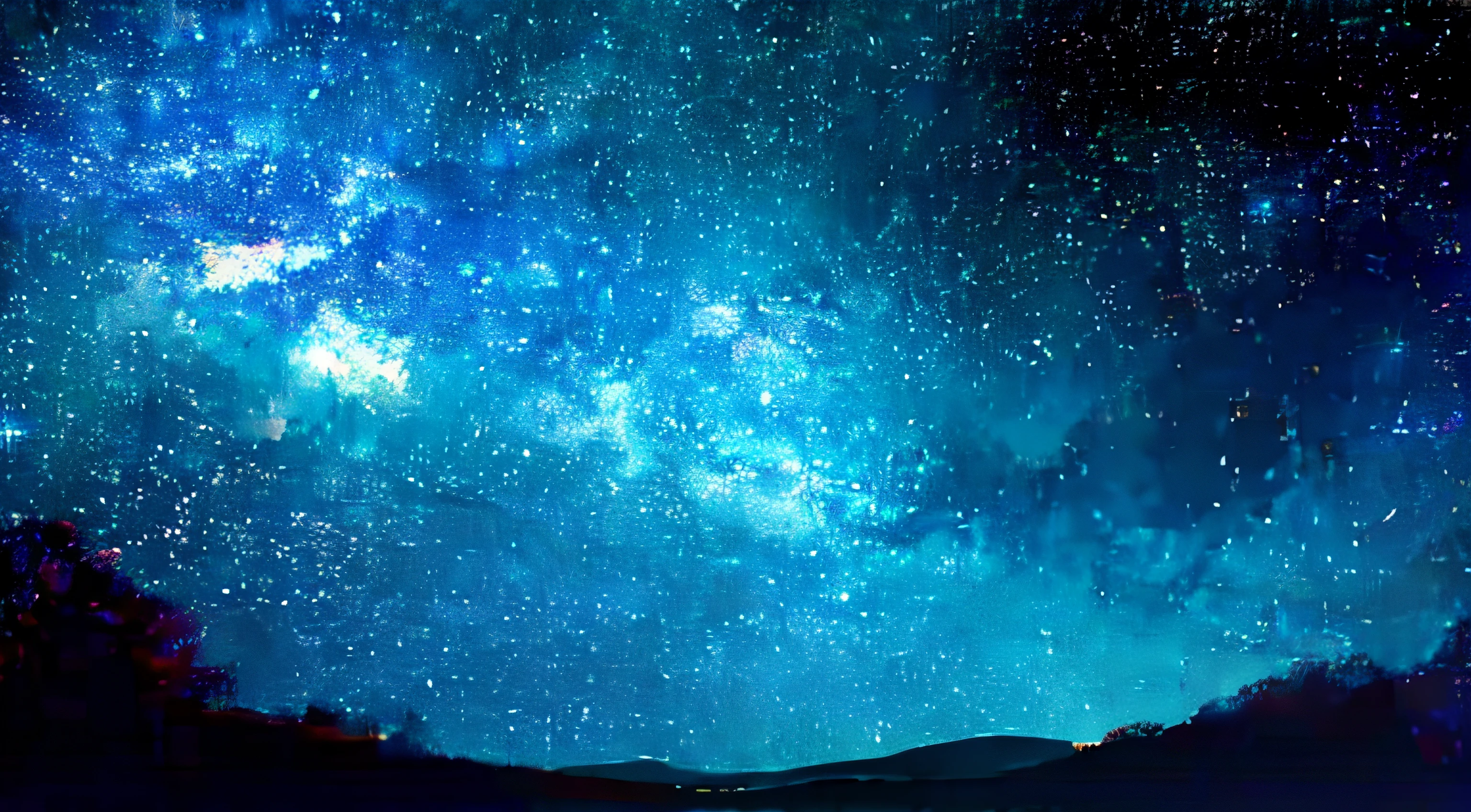 Background, galaxy, stars, blue, black, violet, explosions, view from grass looking at stars in night