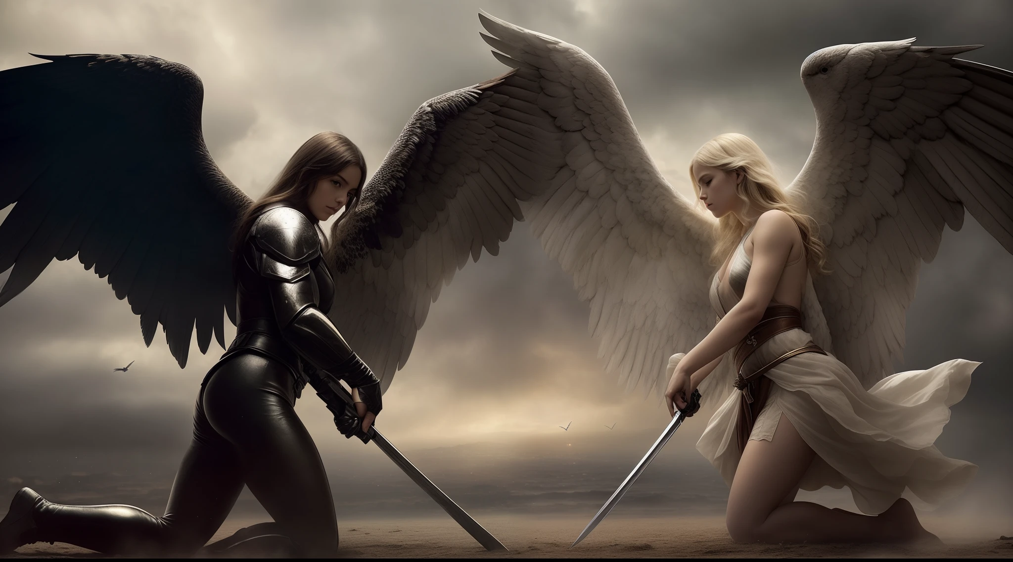 There are two angels who are standing next to each other, batalha entre o bem e o mal, anjo versus diabo, Battle between angels and demons, angels vs demons, diabo versus anjo, anjo protegendo o homem, eros and thanatos, angel watching demon, angels and demons, o bem contra o mal, anjo protegendo a mulher, jesus christ fighting lucifer, o bem contra o mal, 2 anjos, mantos reluzentes.
