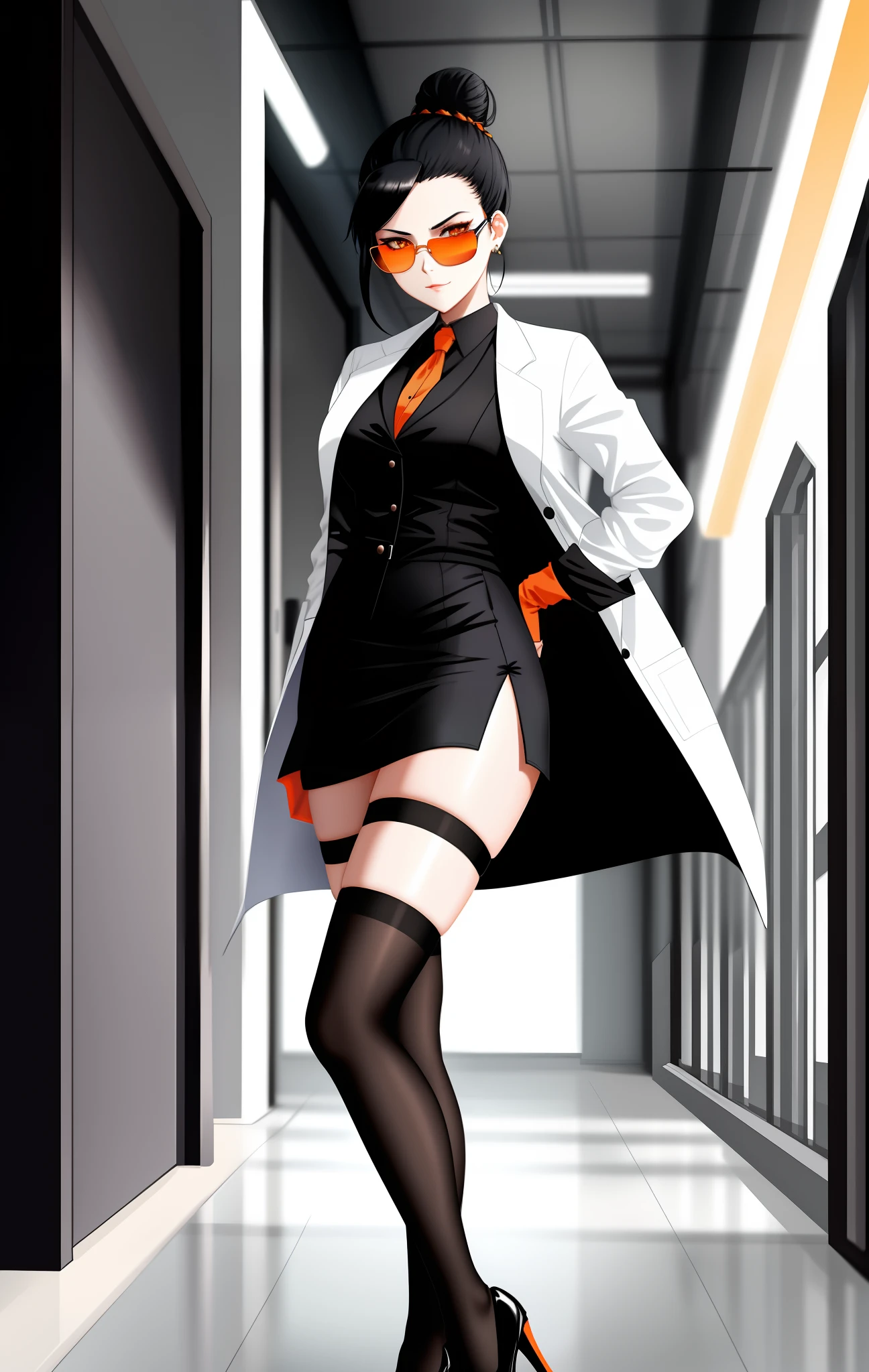woman with black hair bun, wearing an open lab coat, short skirt with thigh-high stockings, high heels, evil look, wearing black gloves, scientist, orange eyes, sunglasses