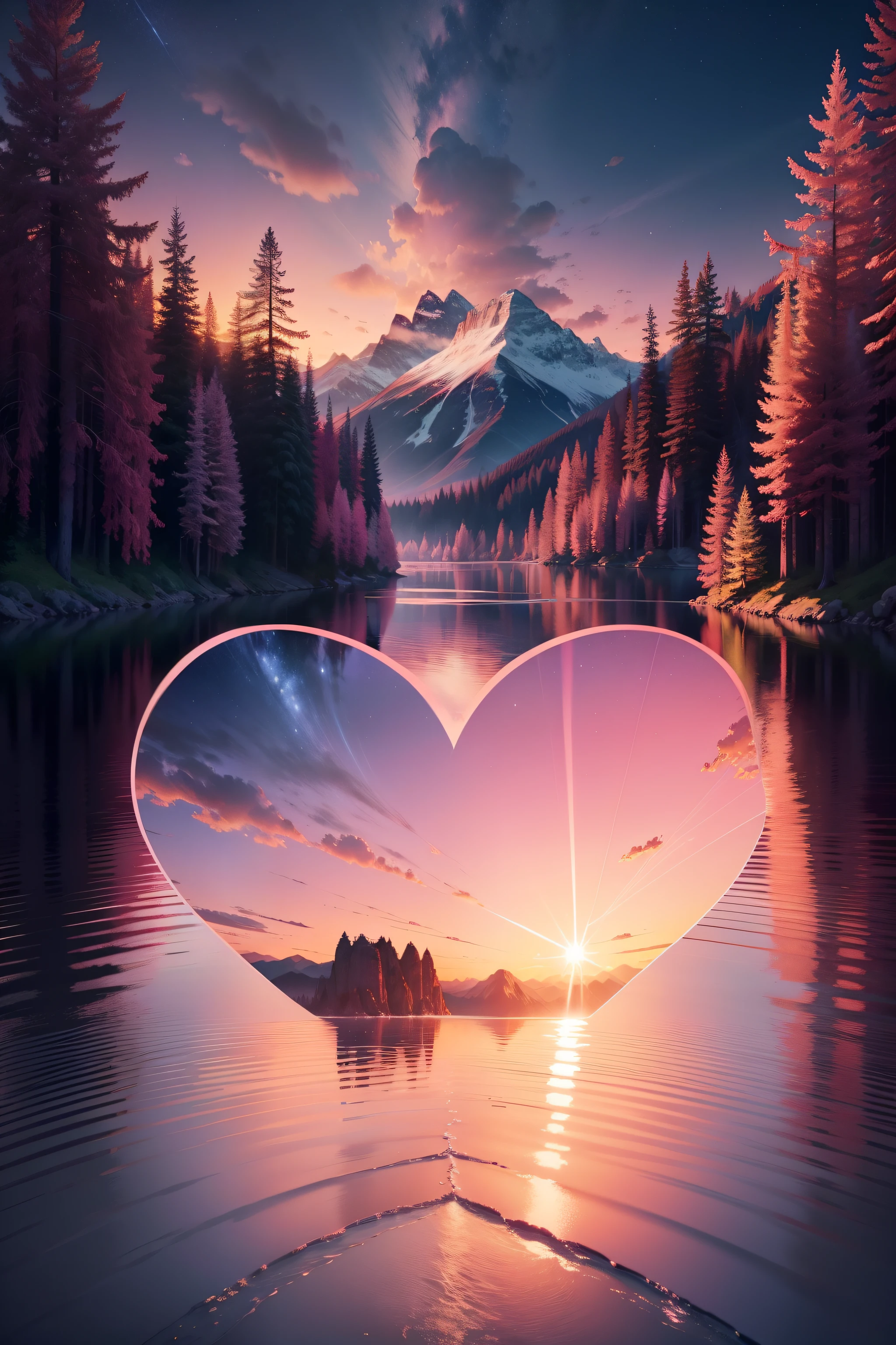 A vectorized heart in the middle of a pink river, The sky is starry and background has realistic trees and mountains, hd, hd, alta qualidade
