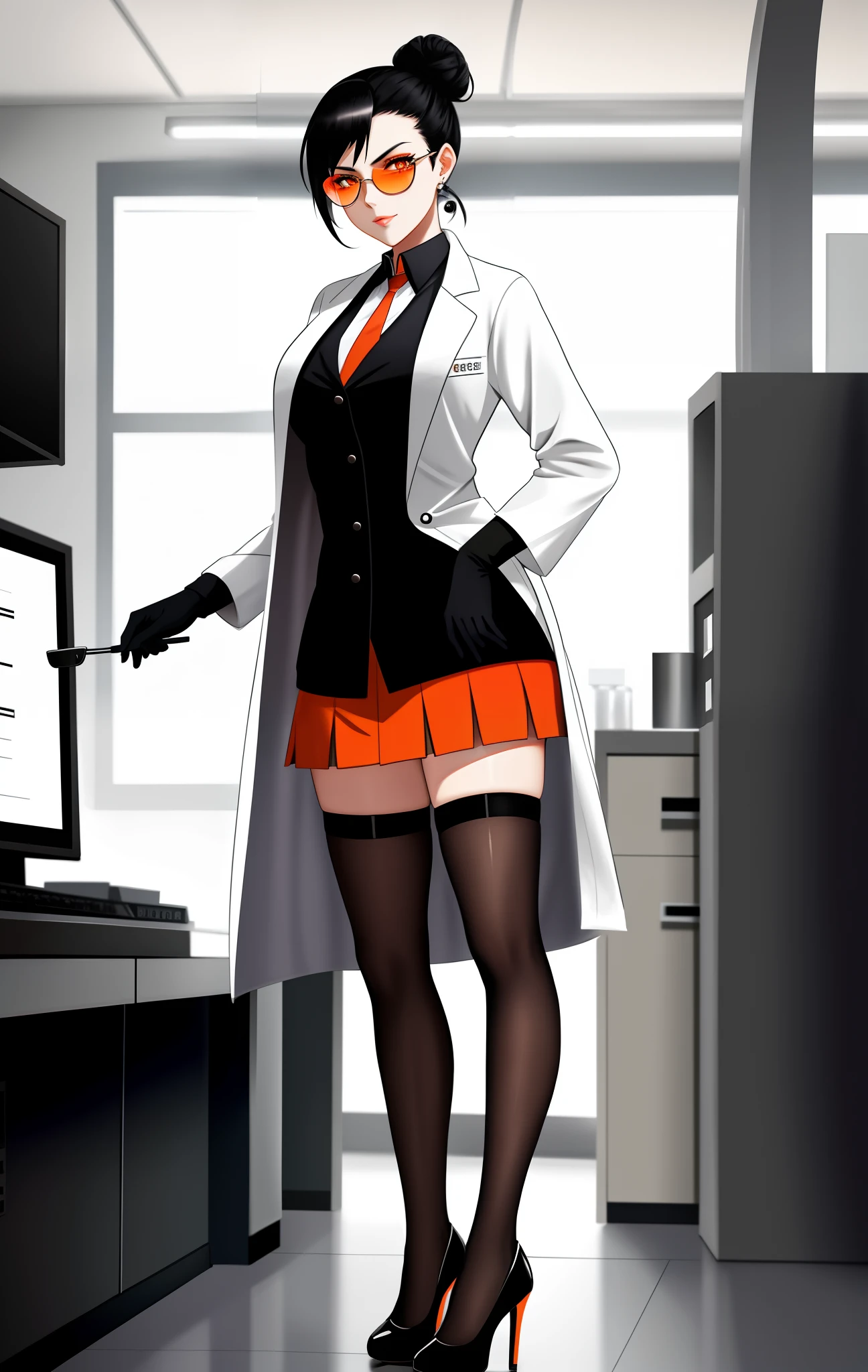 woman with black hair bun, wearing an open lab coat, short skirt with thigh-high stockings, high heels, evil look, wearing black gloves, scientist, orange eyes, sunglasses