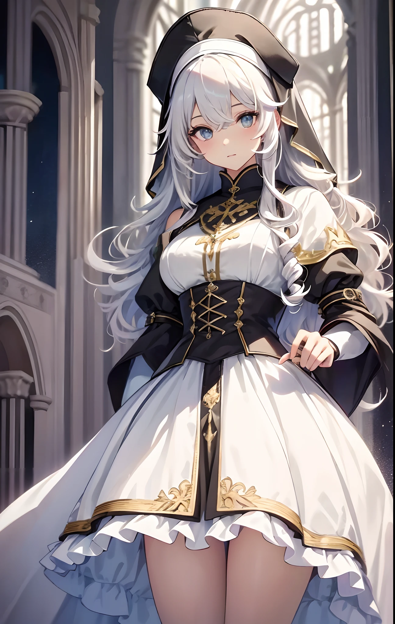 best qualityer,tmasterpiece,Ultimate resolution,downy,Extremely colorful,Colorful,saintess,silver-white long hair,curlies,a matural female,brassier,Nun dress,The kinky is exposed,cathedrals,Sanctuary,Normal posture
