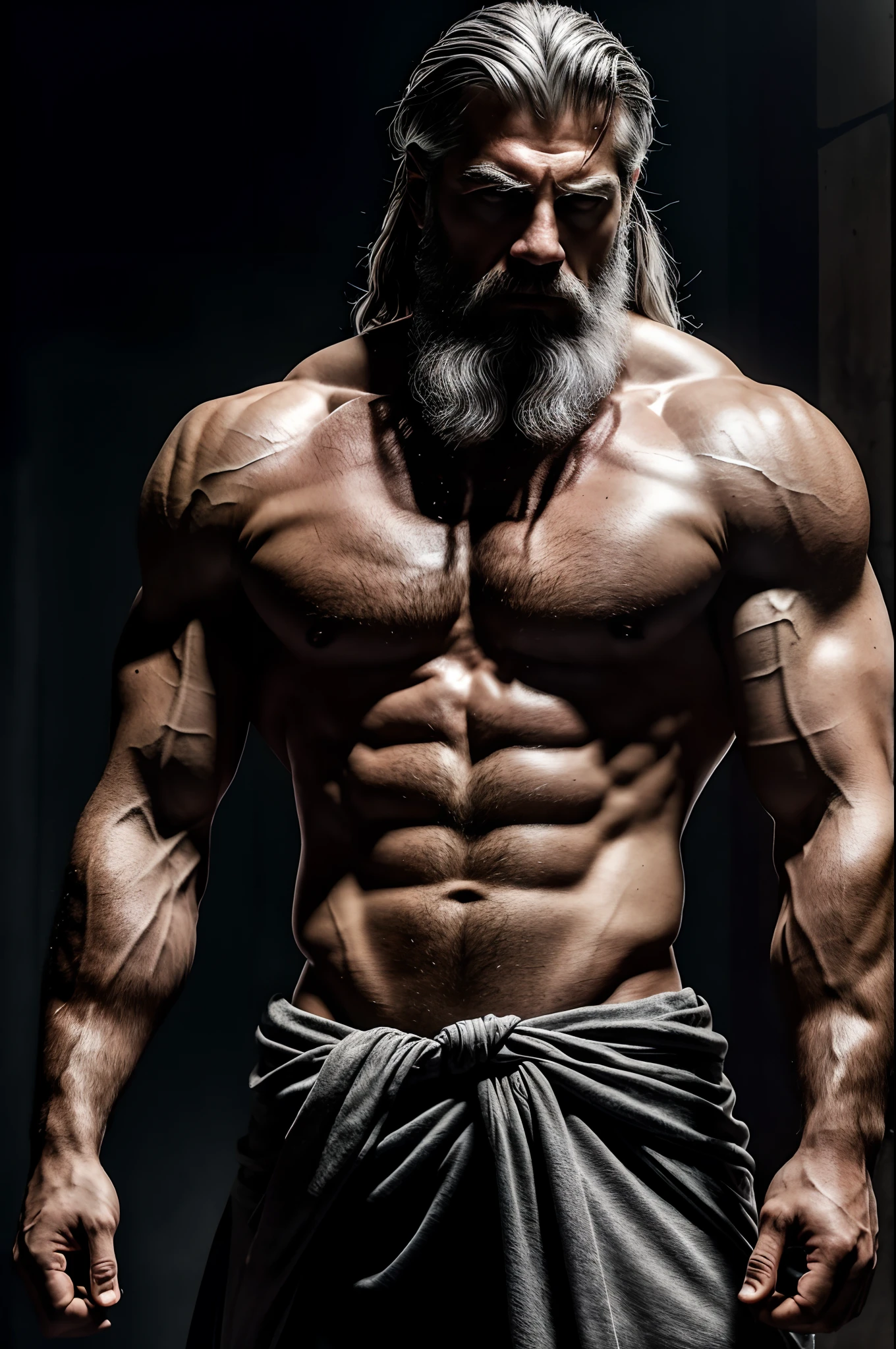 Rugged muscles, a complete feature of Zeus, the Greek god of lightning,Live-action version,Full-length gray hair,light and shadow effect,Atmospheric lighting