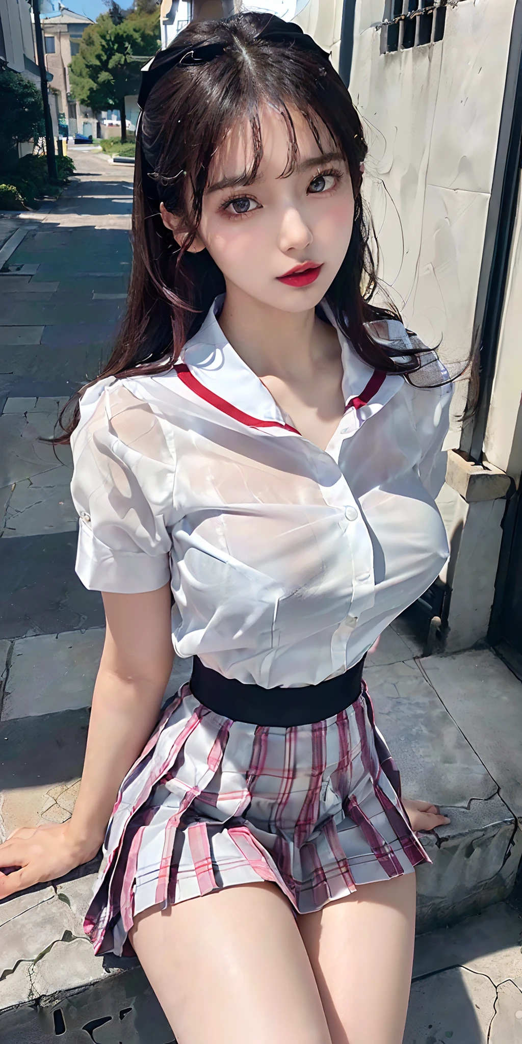((8K, RAW photos, Highest quality, Masterpiece), HD RAW color photo professional close-up Photograph, (Realism, Photo realism: 1. 37), (Highest quality), (Best shadows), (Most Best Illustration), (Erotic, Sexy, 超高分辨率, HD CG integrated 8K wallpapers, Cinematic lighting, 18 year old schoolgirl uniform shirt, ( transparent white shirt,Buttoned open lipstick collar: 1.2), (Sailors collar uniforms), short blouse, Red checked pleated skirt, (cleavage), beautiful eyes in detail, Sexy pose, Look from the bottom up, Lying