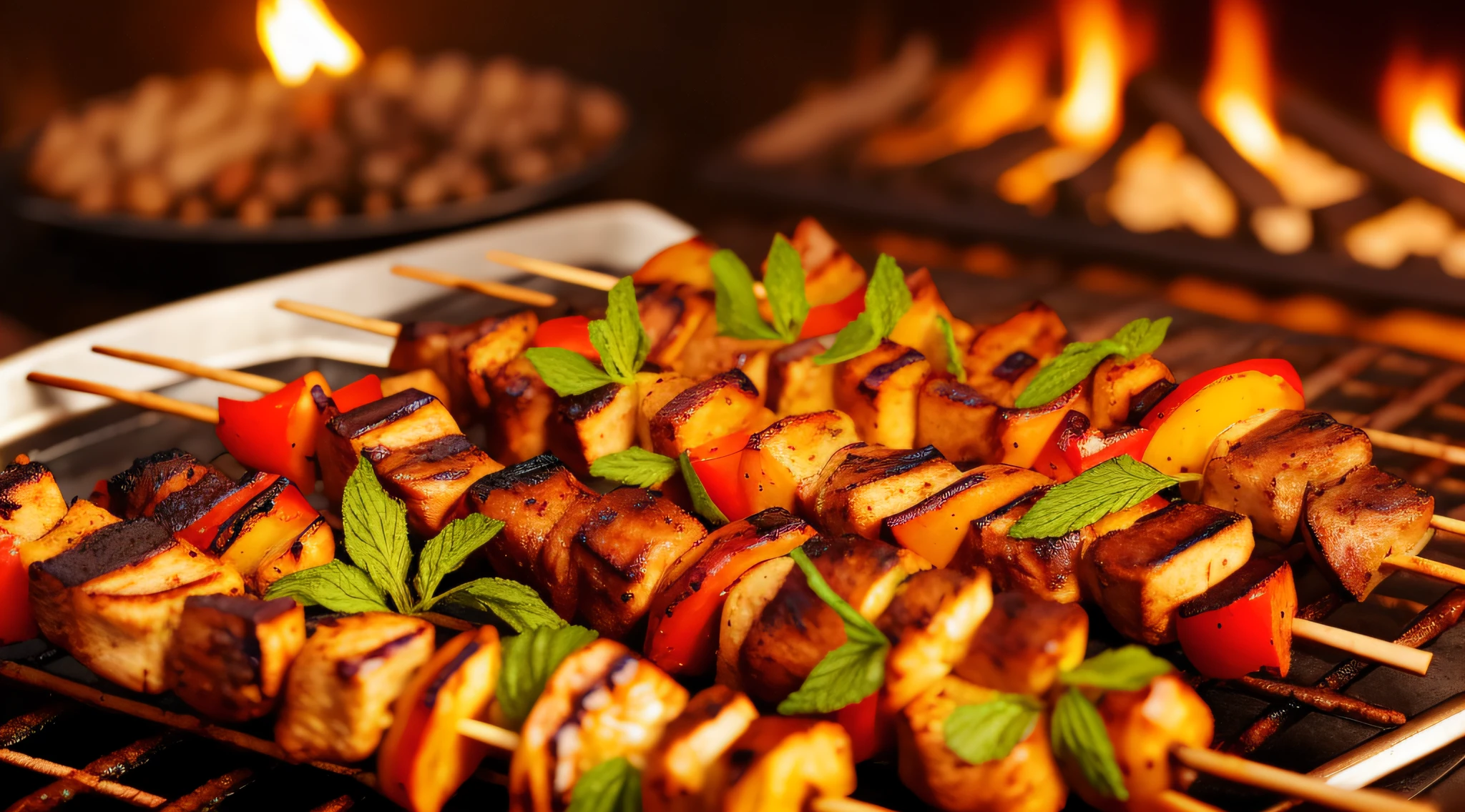 grilling hot kabobs, medina, Moroccan tea, mint leaves, clear photo, ultra realistic --auto