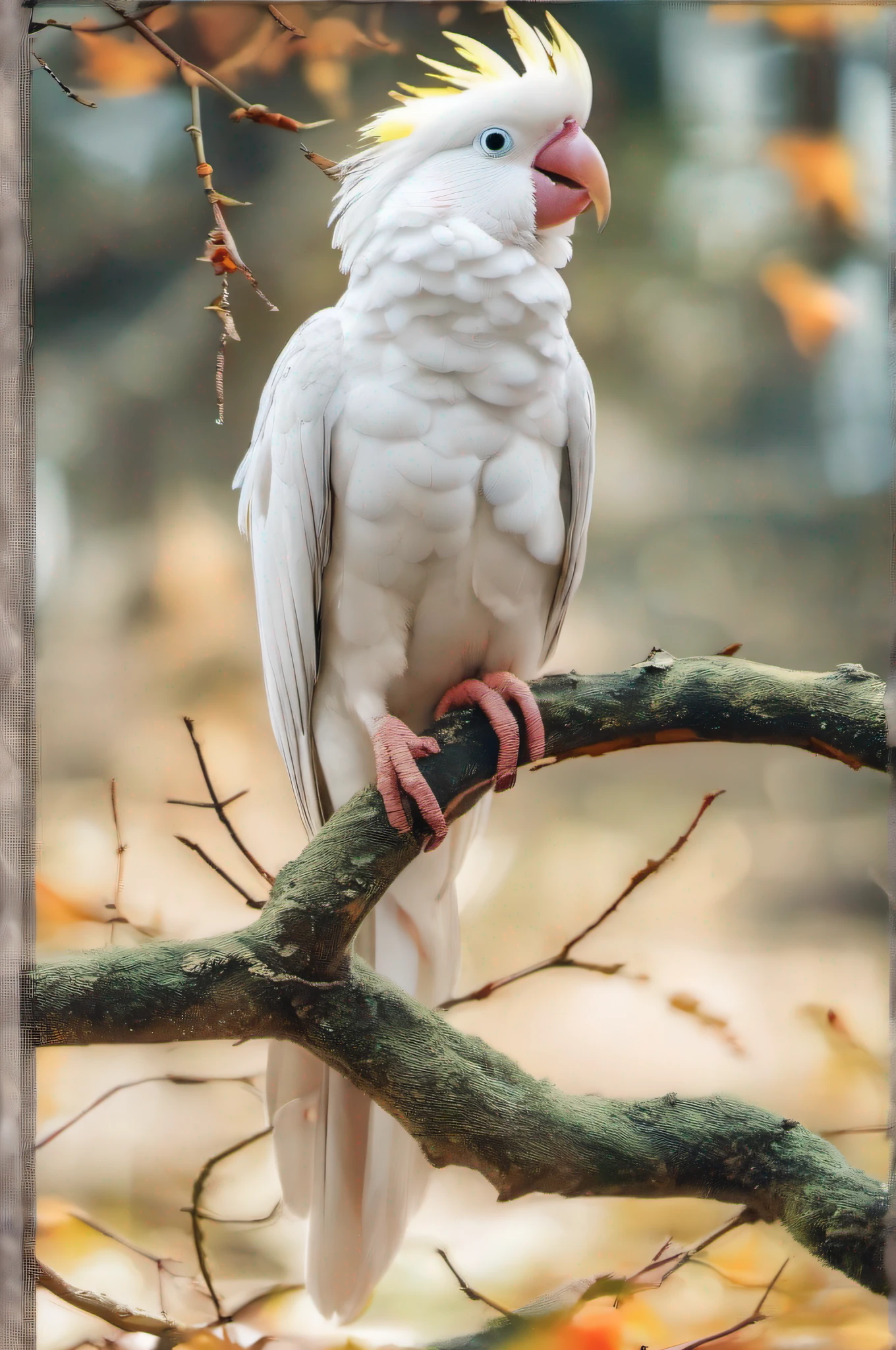 imagen intrincada llena de detalles, 8k, Unique work, cacatua multicolor, ojos detallados, cuerpo detallado, plumas definidas, plumas detalladas, ser omnipotente, in its communion with nature and its silver leaves, mezcla de bosque y paisaje natural, a en perfecta coexistencia, luz fuerte y brillante