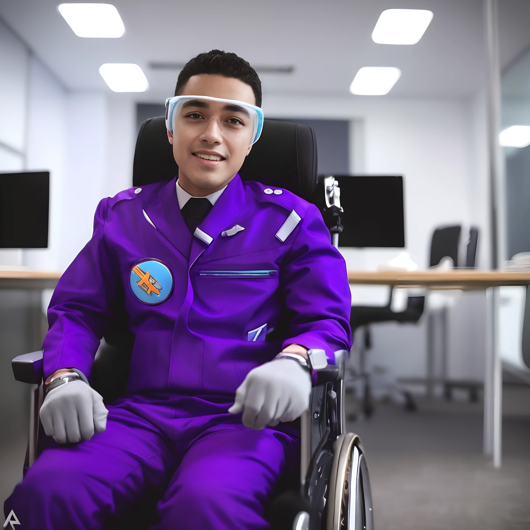 Homem de uniforme roxo sentado em uma cadeira de rodas, cara usando o terno roxo fantasia, fully space suited, wearing human air force jumpsuit, diverse medical cybersuits, cadeira de rodas futurista, technical suit, em traje espacial, usando um traje espacial, vestindo roupas espaciais, Foco no traje de voo anti-G, em uma roupa de cadete espacial, advanced technology flight suit