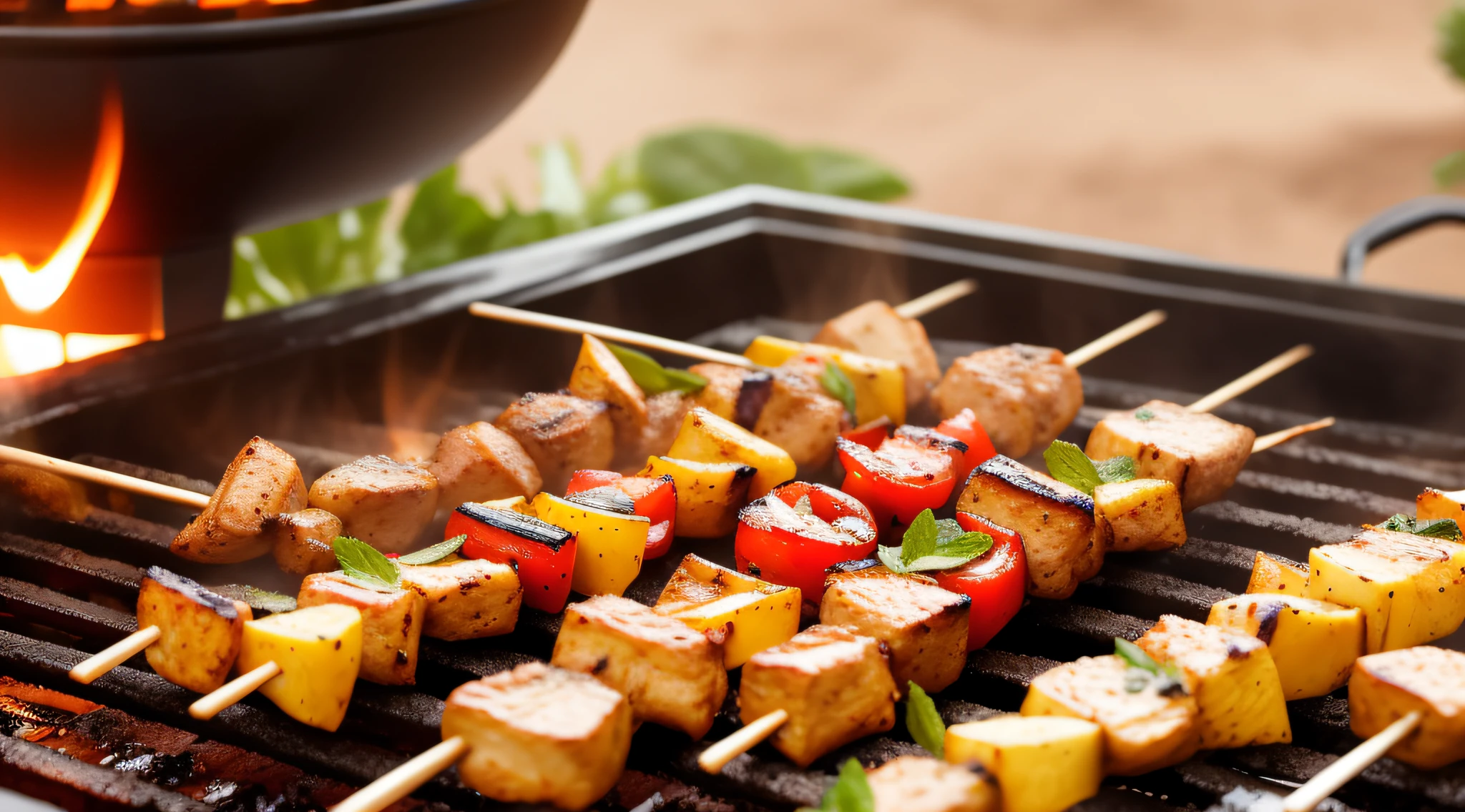 grilling hot kabobs, medina, Moroccan tea, mint leaves, clear photo, ultra realistic --auto