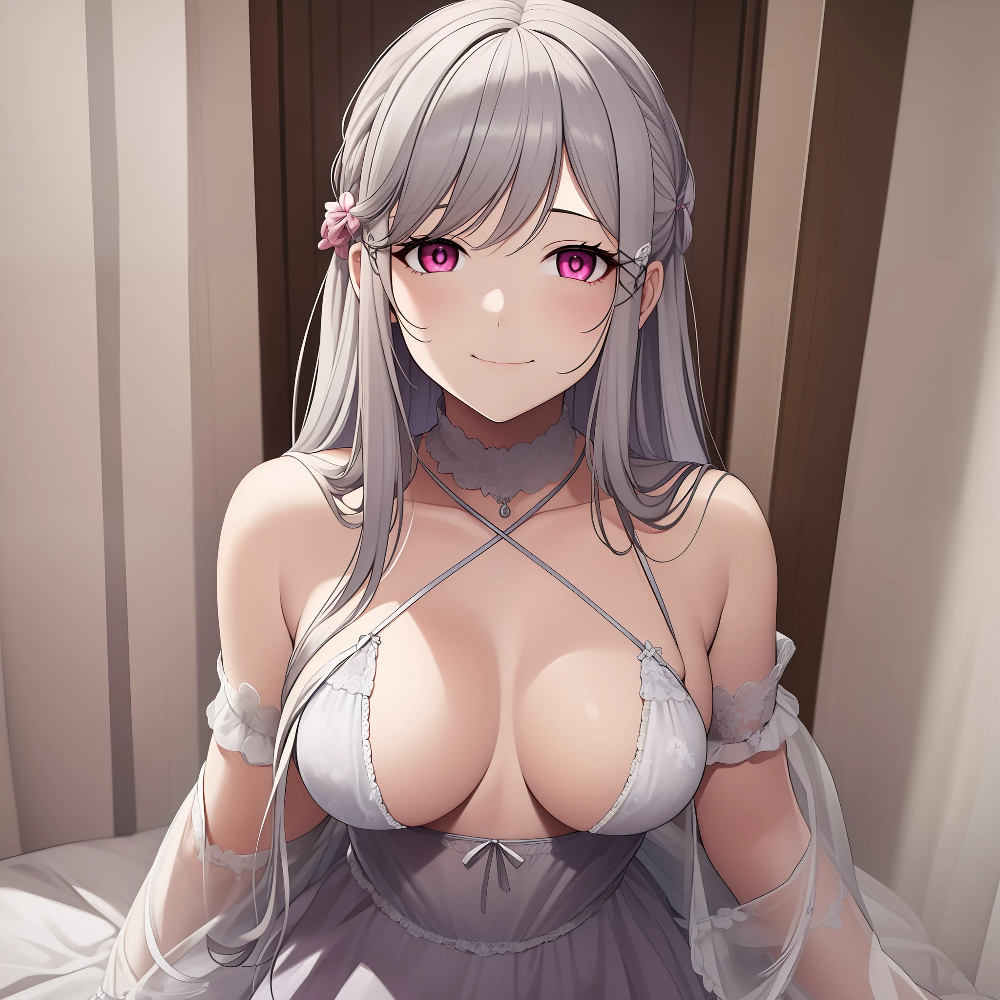 1girl, High definition, masterpiece, best quality,  grey hair, opaque pink eyes,  doll, sexy pose, embarrassing, small smile, big breasts, white babyl