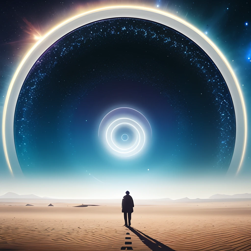 People are walking in the desert with a big spiral galaxy in the background, surreal space, universo infinito, cosmos sem fim no fundo, bela arte sci fi, arte digital sci-fi, sci-fi fantasy wallpaper, sci fi epic digital art, O conceito de infinito, Sci-Fi Fantasia Desktop Wallpaper, Greg Beeple, Sci-Fi Digital Art Illustration
