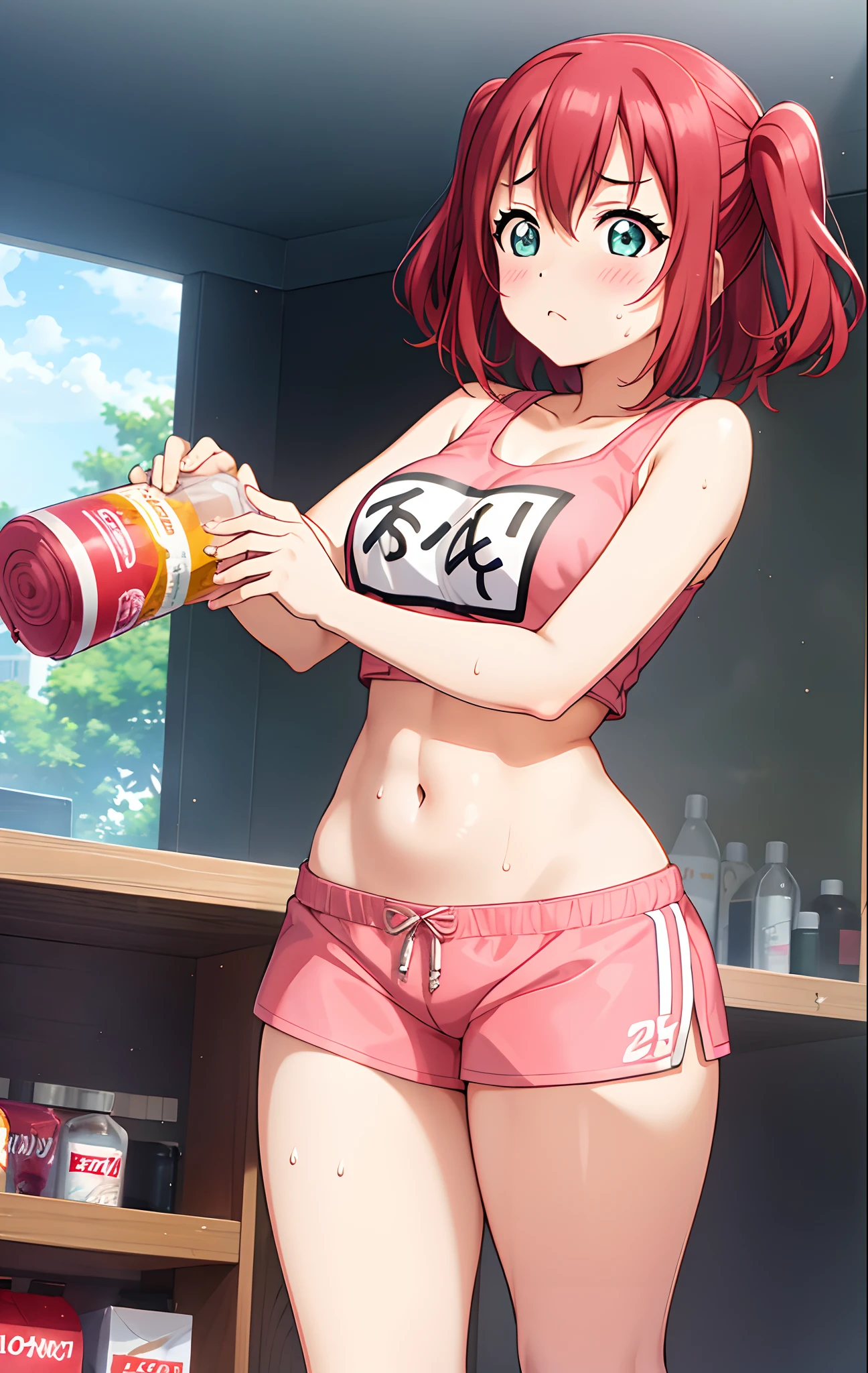 Kurosawa ruby,pink Crop top, white tight shorts,soaked in sweat,sweaty,  heavy breathing,red face,blunt hair,curvy body, standing in supermarket and holding water bottle