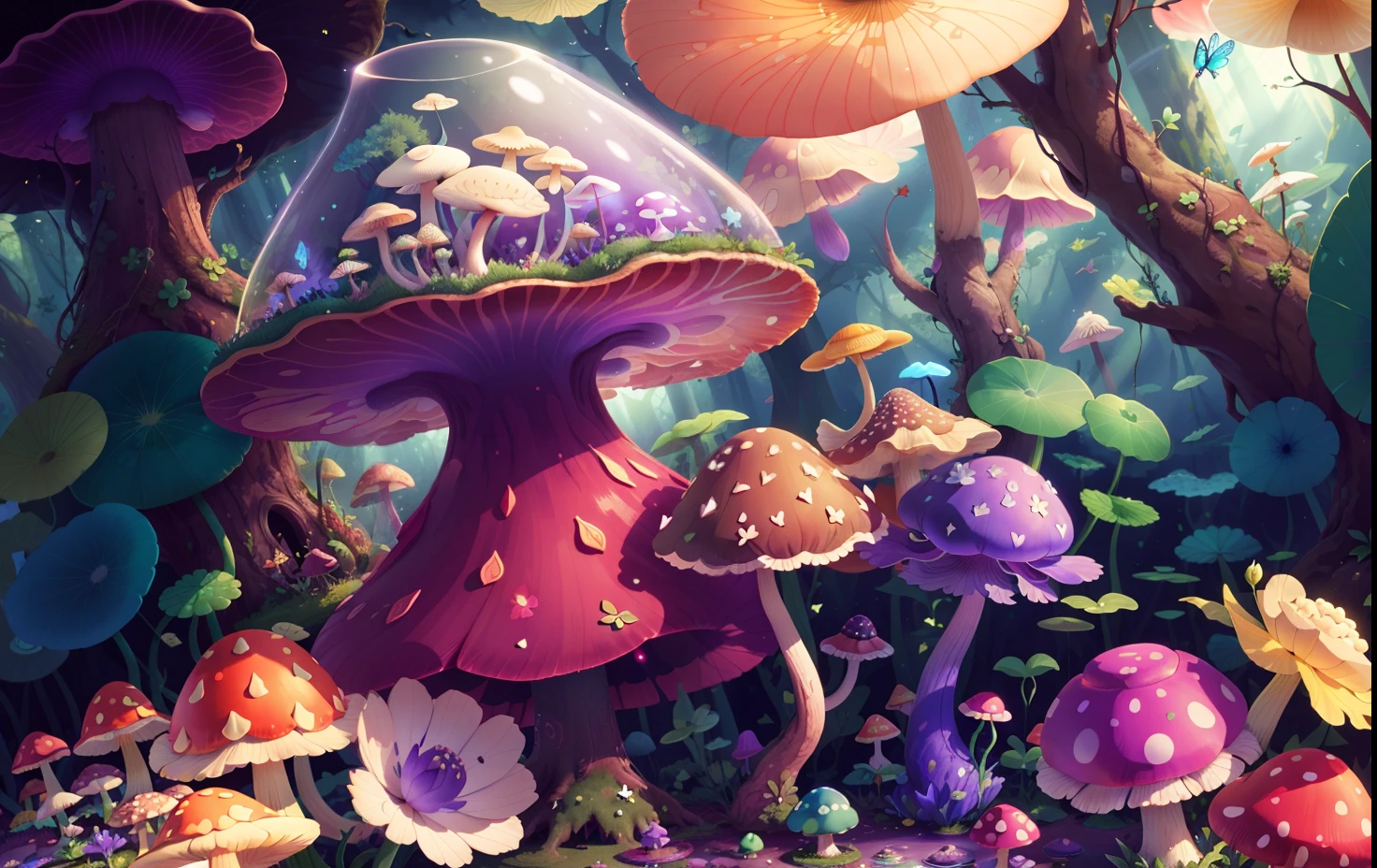 Mushroom forest with glass goblet,s fractal art,morning glory,butterflys,lotuses,four-leaf clover,morning glory,Cyber Mushroom Forest,Ultra-detailed digital fantasy art。Mushrooms are everywhere in the picture,The unique mushroom shape creates a magical casa scene