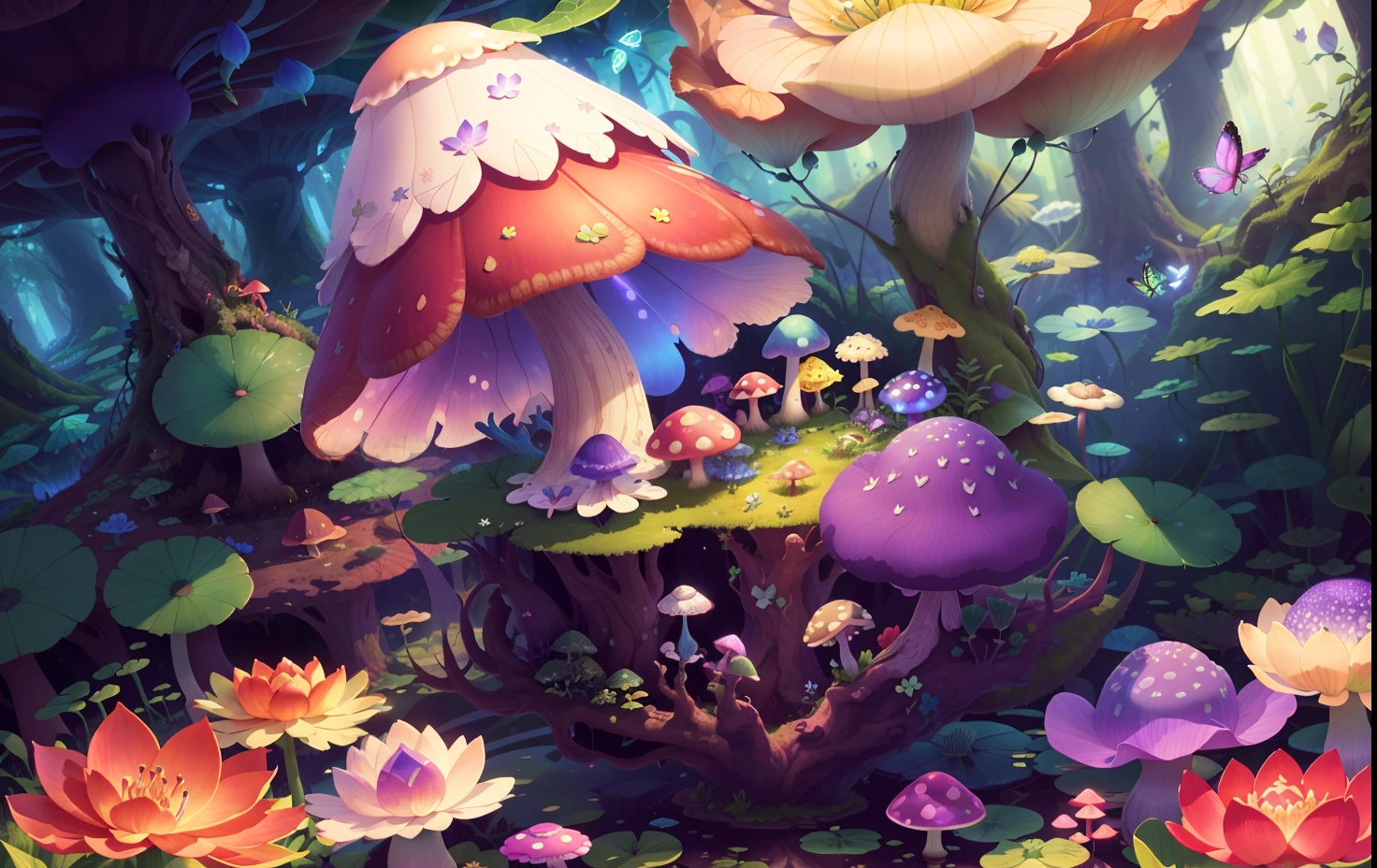 Mushroom forest with glass goblet,s fractal art,morning glory,butterflys,lotuses,four-leaf clover,morning glory,Cyber Mushroom Forest,Ultra-detailed digital fantasy art。Mushrooms are everywhere in the picture,The unique mushroom shape creates a magical casa scene
