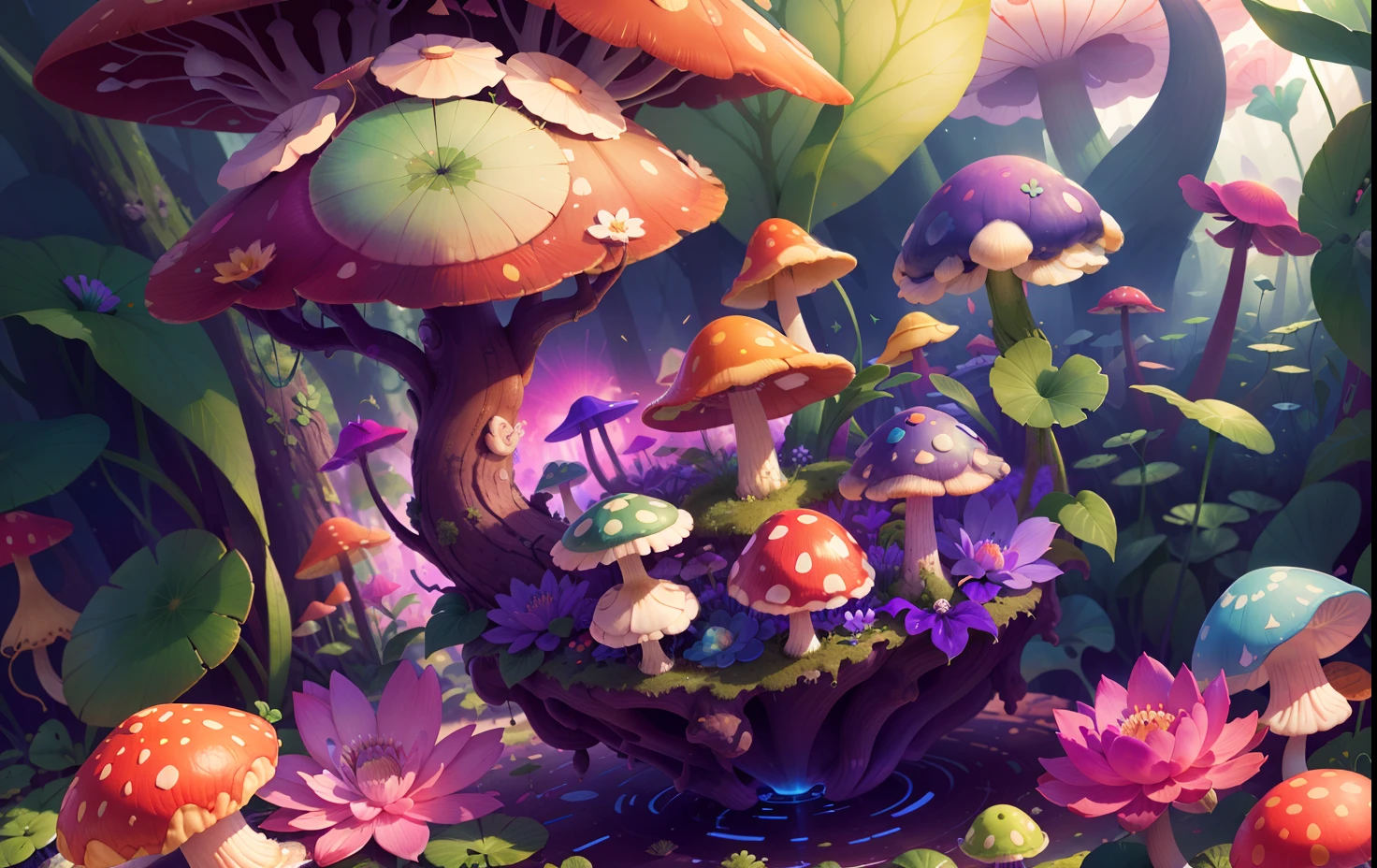 Mushroom forest with glass goblet,s fractal art,morning glory,butterflys,lotuses,four-leaf clover,morning glory,Cyber Mushroom Forest,Ultra-detailed digital fantasy art。Mushrooms are everywhere in the picture,The unique mushroom shape creates a magical casa scene