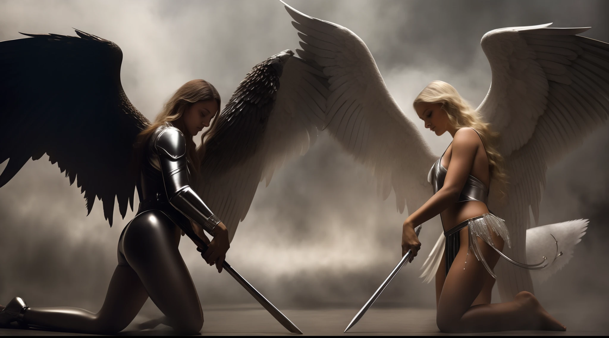 There are two angels who are standing next to each other, batalha entre o bem e o mal, anjo versus diabo, Battle between angels and demons, angels vs demons, diabo versus anjo, anjo protegendo o homem, eros and thanatos, angel watching demon, angels and demons, o bem contra o mal, anjo protegendo a mulher, jesus christ fighting lucifer, o bem contra o mal, 2 anjos, mantos longos e brilhantes.