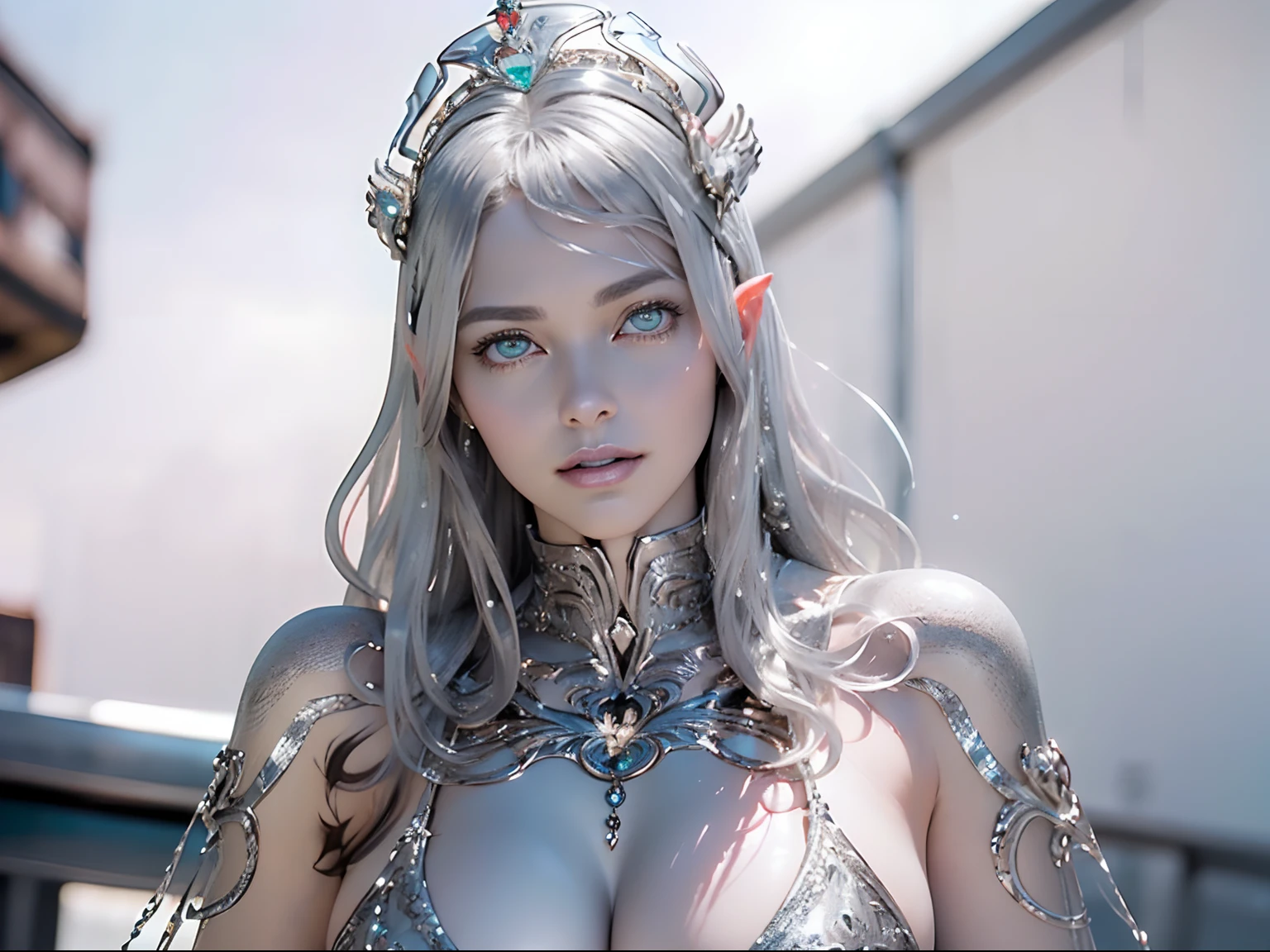 Ultra-detailed complex 3D rendering of the face, (masterpiece, top quality, octane rendering,), glamour shots full body image, very beautiful young elves, cleavage, (highly detailed skin: 1.2), (exposure: 1.1), ((blue micro bikini: 1.95)))). , 8k, (((very soft breasts)), (((conspicuous large pink areola)), beautiful Caucasian woman with white skin with full soft breasts with big buttocks, one, long braided hair, big breasts, dynamic angles, (((huge breasts: 2.4)), ultra-realistic photos, ((((((silver hair)))), futuristic urban background, facial muscles, (((((detailed and glamorous silver crown)))), In the style of Marvel Comics, ArtStation Trends, Clear Focus, Intricate Details, Very Detailed, Detailed Green Eyes, Sharp Focus, Digital Rendering, Professional, Abs, Lip Gloss, Glossy Skin, Sexy Pose, Golden Tattoo All Over Body, Silver Pattern All Over Body, Silver Lame Skin, Gold Glitter Skin, Mansuji, Buttocks, Jeweled All Over the Body, with silver scales, silver hair,