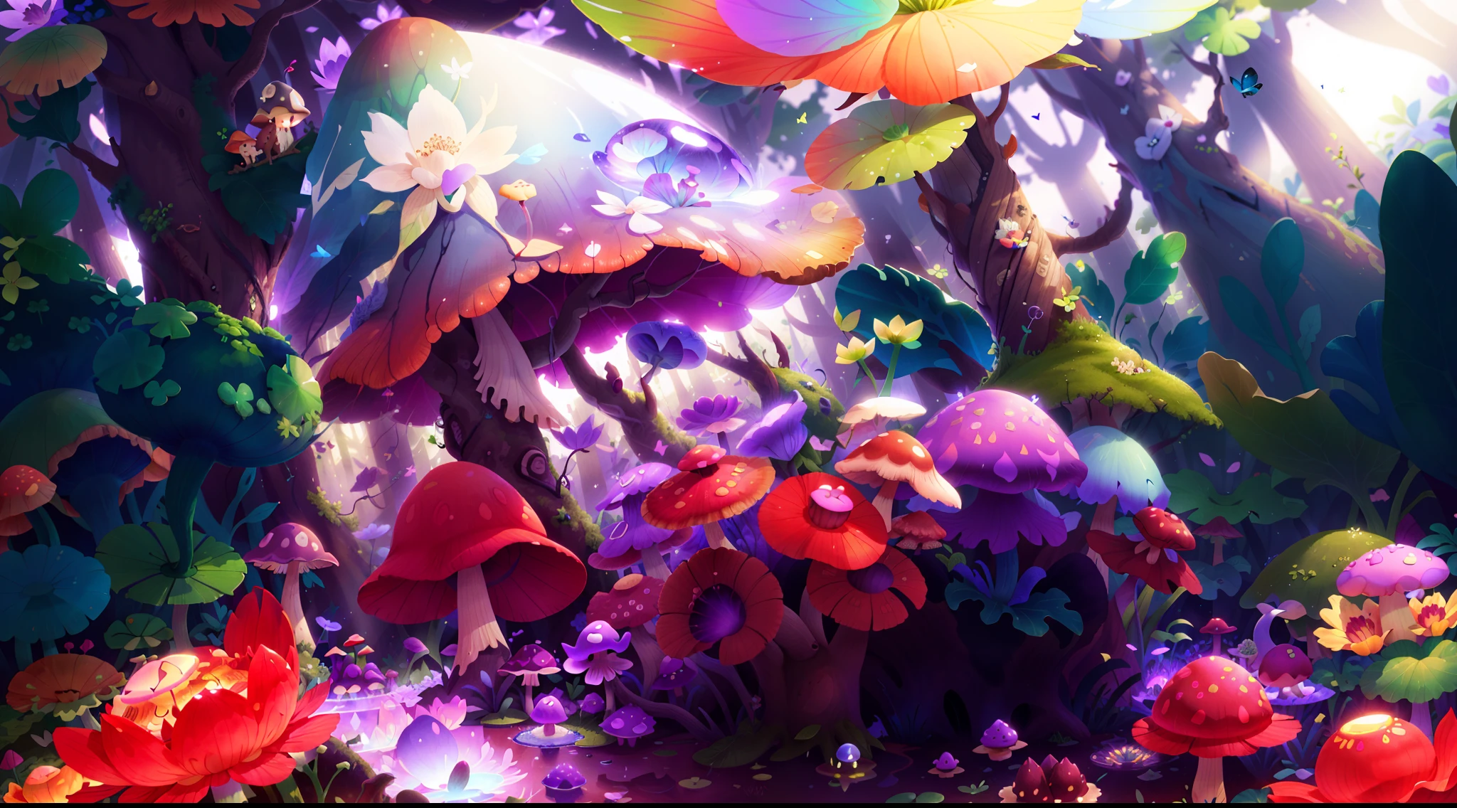 Mushroom forest with glass goblet，s fractal art，morning glory，butterflys，lotuses，four-leaf clover，morning glory，Cyber Mushroom Forest，Ultra-detailed digital fantasy art。Mushrooms are everywhere in the picture，The unique mushroom shape creates a magical casa scene