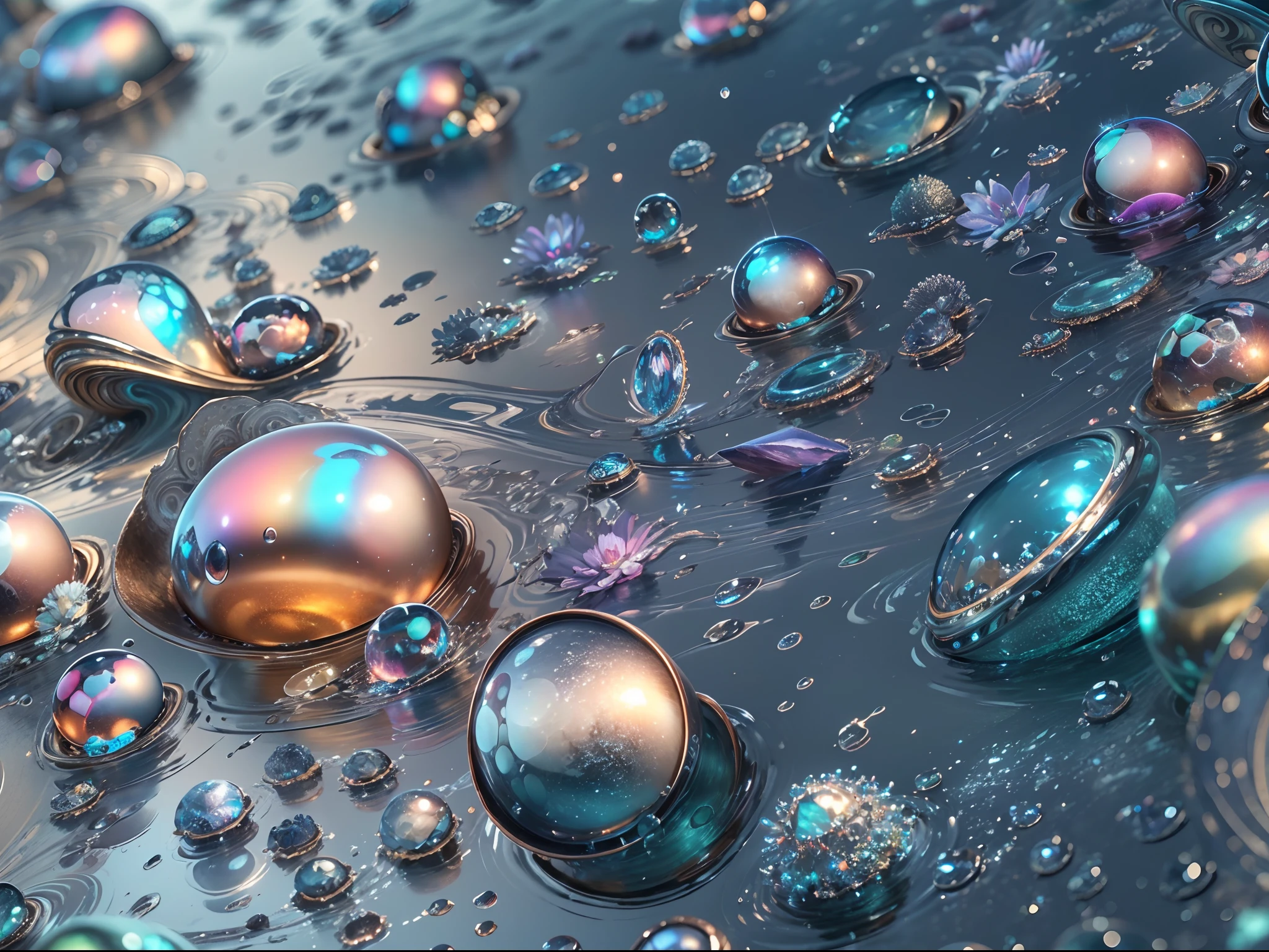 "(ultra-detailed CG unity 8k wallpaper, masterpiece, best quality, depth of field, HDR, intricate), delicate, Stunning depiction of water droplets with impeccable details and realism, showcasing their mesmerizing reflections, refractions, and textures, combined with exquisite lighting and composition. Captivate the viewer with the sheer beauty and elegance of these ephemeral formations."