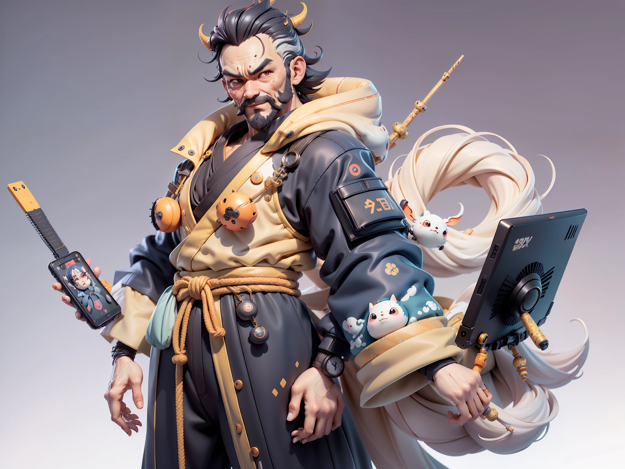 (Daisaku),(Need),(Super meticulous),(full bodyesbian:1.2),Japanese ukiyo-e girl，japanese geisha，Beautiful，Oriental dragon，Aeolian Thor，Raised sexy，爆乳，Oriental face，TV Anchor，Bust portrait illustration，Alone，In black suit，a blue tie，The face is slightly chubby，The face was clean，without a beard，Black super short hair，Black eyes，Smile confidently，3C computer sub-products，iPad， iphone，Digital painting，3D character design by Mark Clairen and Pixar and Hayao Miyazaki and Akira Toriyama，The illustration is a high-definition illustration in 4K resolution，With very detailed facial features and cartoon-style visuals。